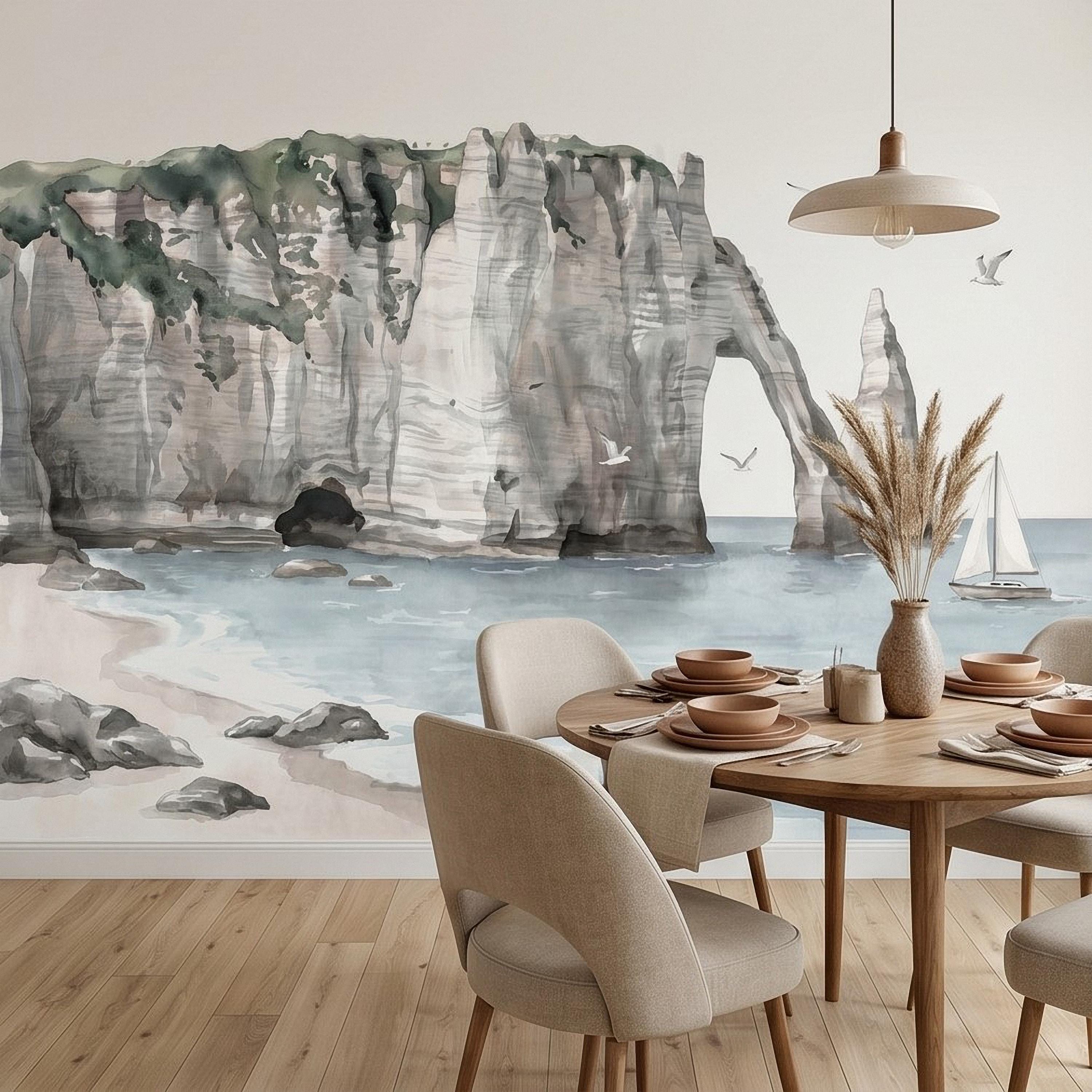 Coastal Cliffs Peel and Stick Wall Mural, Watercolor Sea Arch Seascape, Sailboat & Seagulls, Beach Ocean Landscape, Neutral Scandi Wallpaper