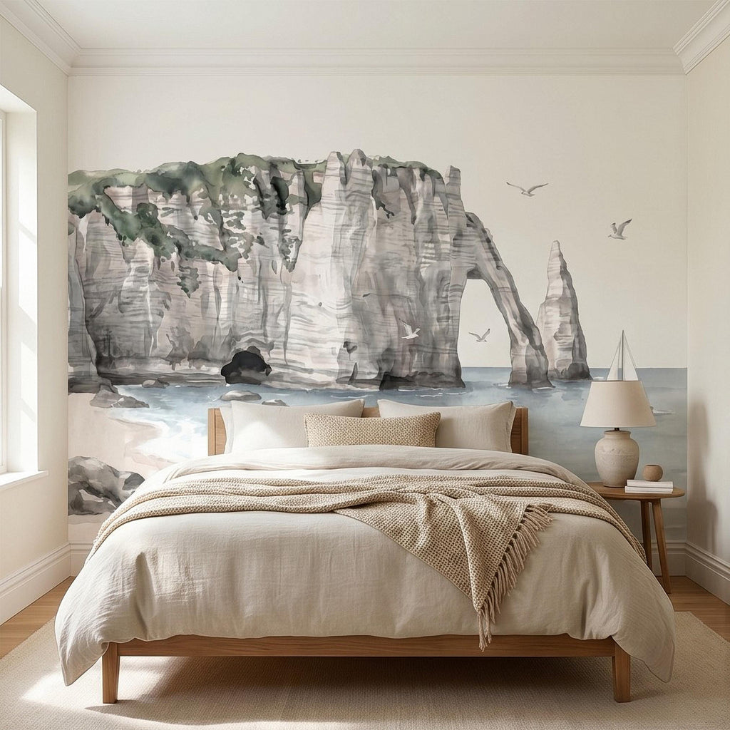 Coastal Cliffs Peel and Stick Wall Mural, Watercolor Sea Arch Seascape, Sailboat & Seagulls, Beach Ocean Landscape, Neutral Scandi Wallpaper