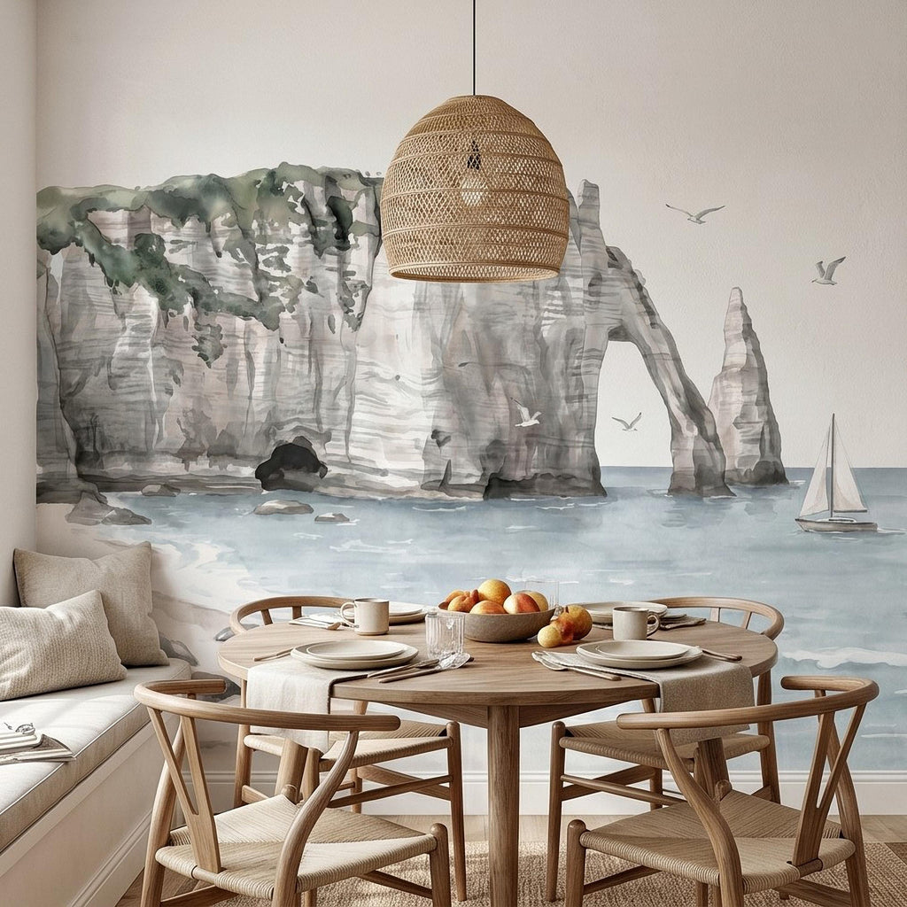 Coastal Cliffs Peel and Stick Wall Mural, Watercolor Sea Arch Seascape, Sailboat & Seagulls, Beach Ocean Landscape, Neutral Scandi Wallpaper
