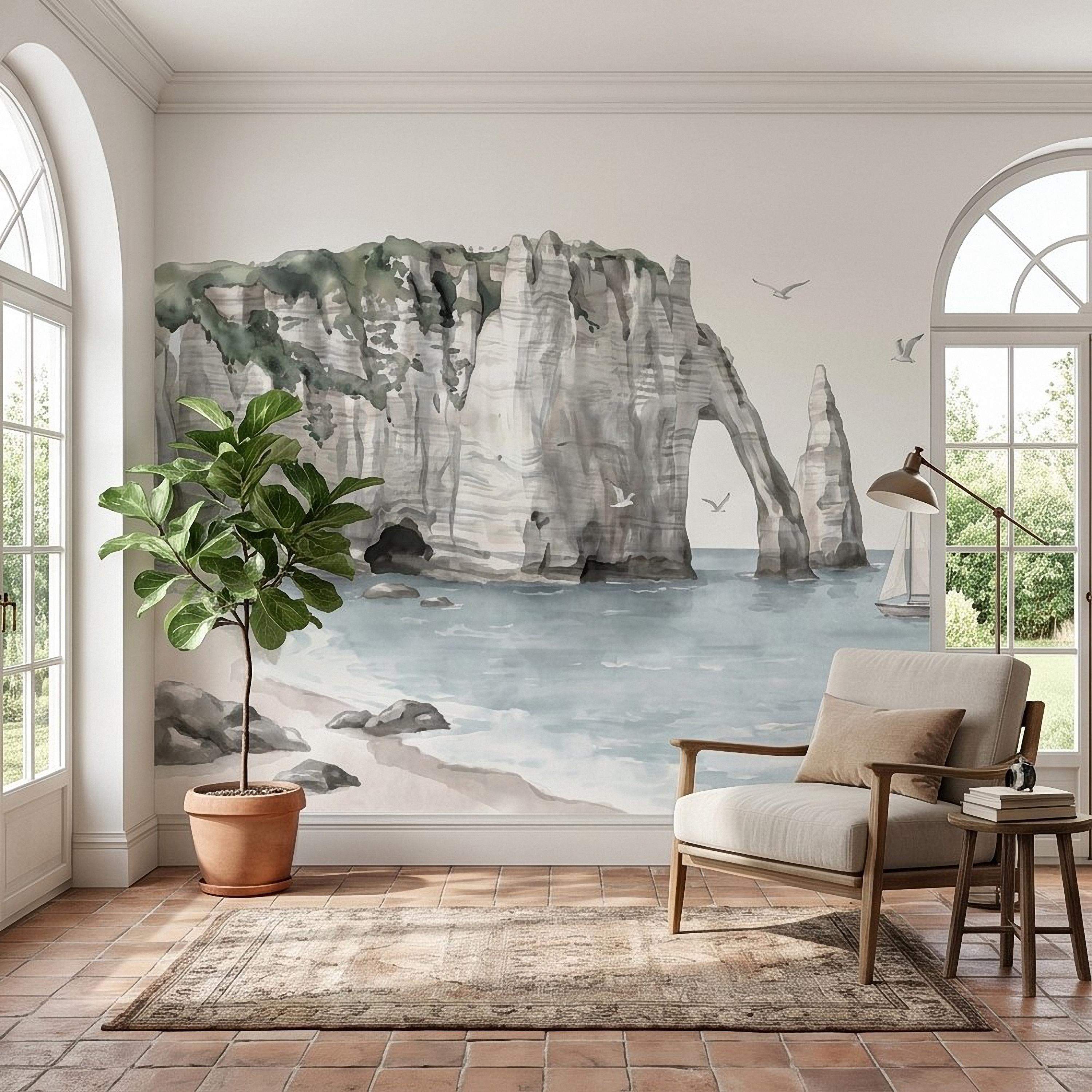Coastal Cliffs Peel and Stick Wall Mural, Watercolor Sea Arch Seascape, Sailboat & Seagulls, Beach Ocean Landscape, Neutral Scandi Wallpaper