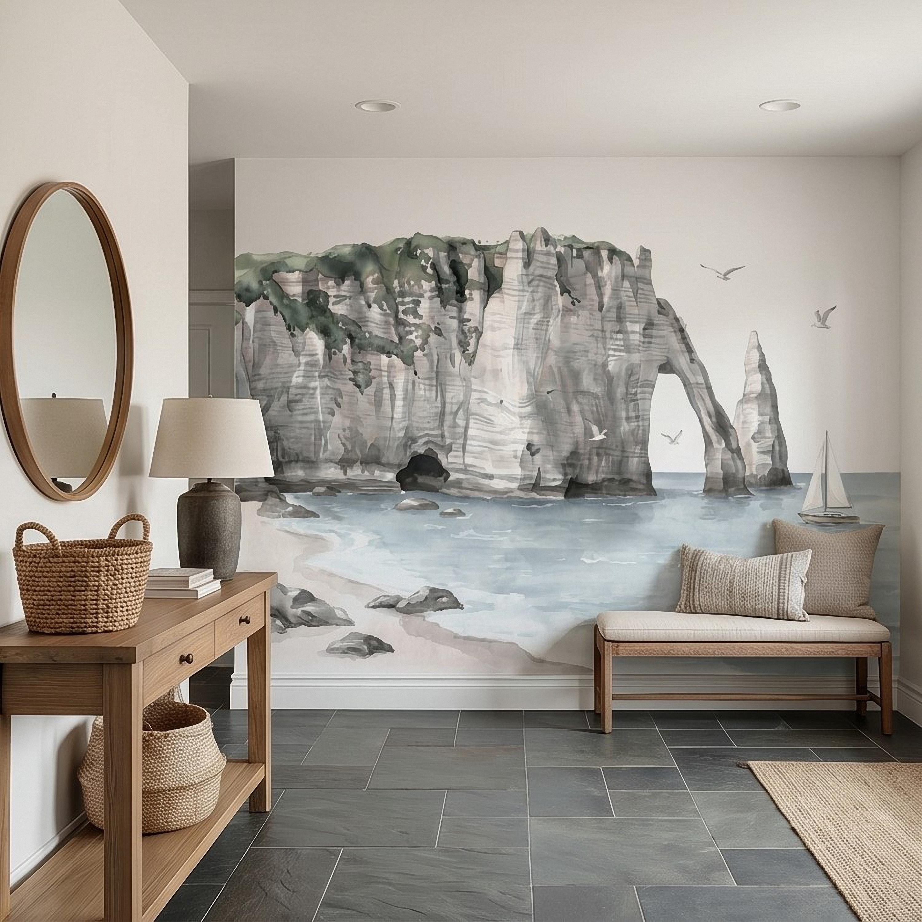 Coastal Cliffs Peel and Stick Wall Mural, Watercolor Sea Arch Seascape, Sailboat & Seagulls, Beach Ocean Landscape, Neutral Scandi Wallpaper