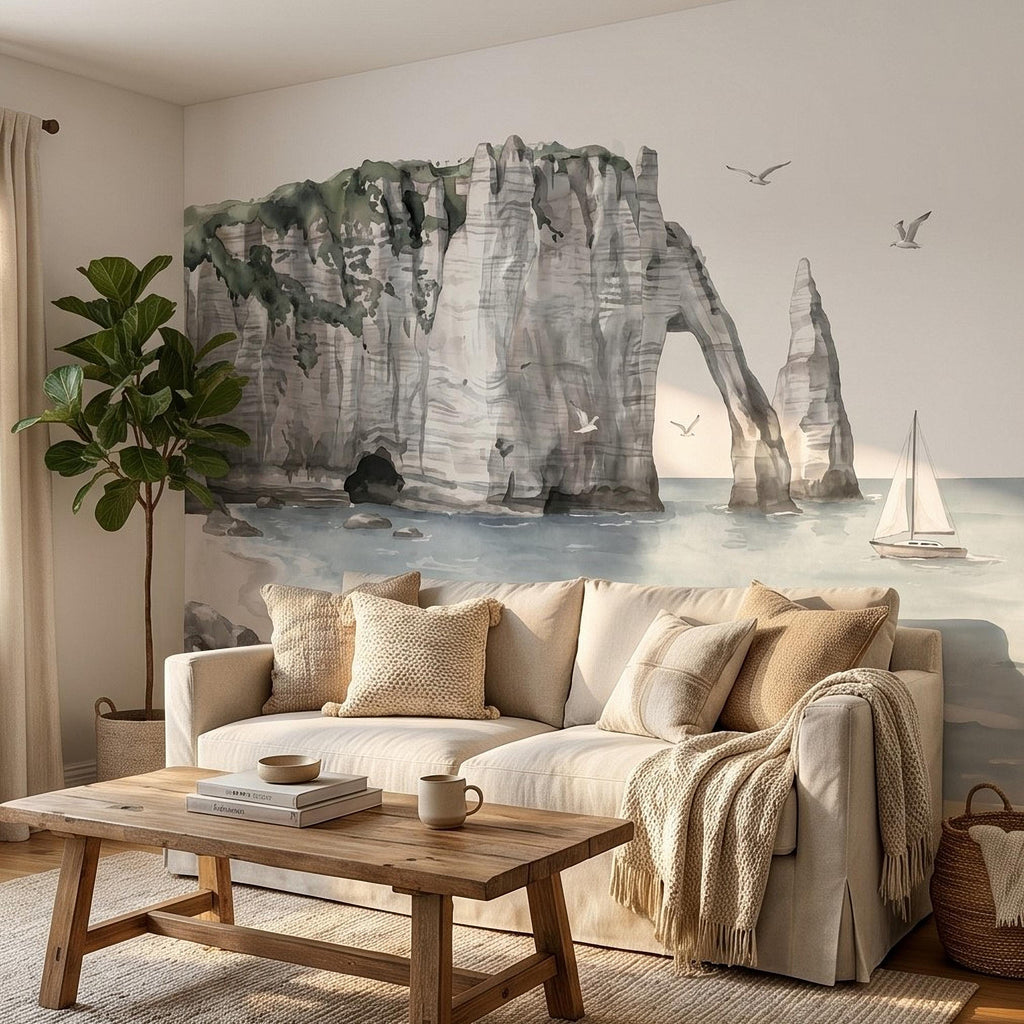 Coastal Cliffs Peel and Stick Wall Mural, Watercolor Sea Arch Seascape, Sailboat & Seagulls, Beach Ocean Landscape, Neutral Scandi Wallpaper