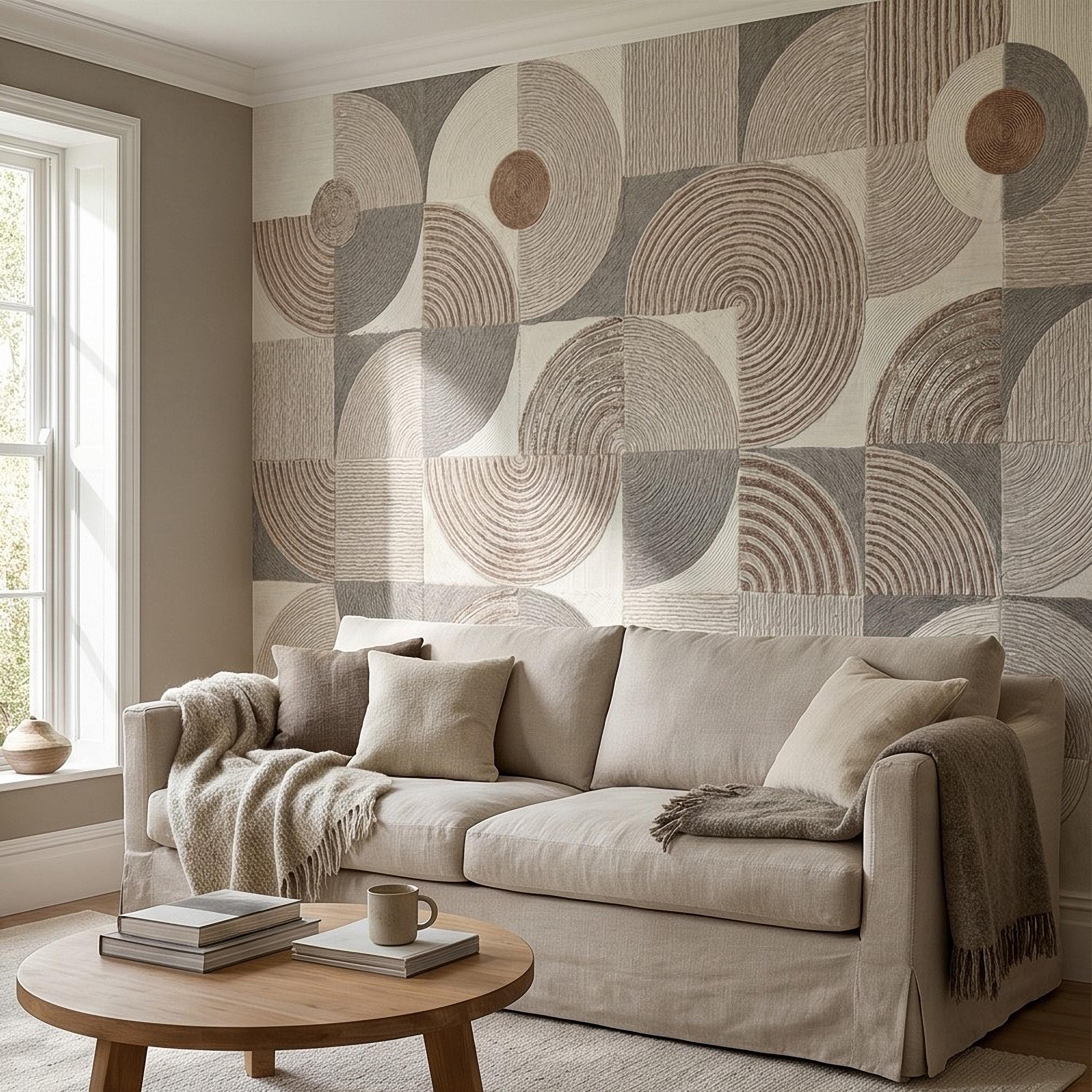 Abstract Geometric Peel and Stick Wall Mural, Neutral Beige Taupe Circles & Arches, Mid Century Modern Boho Scandi Textured Wallpaper