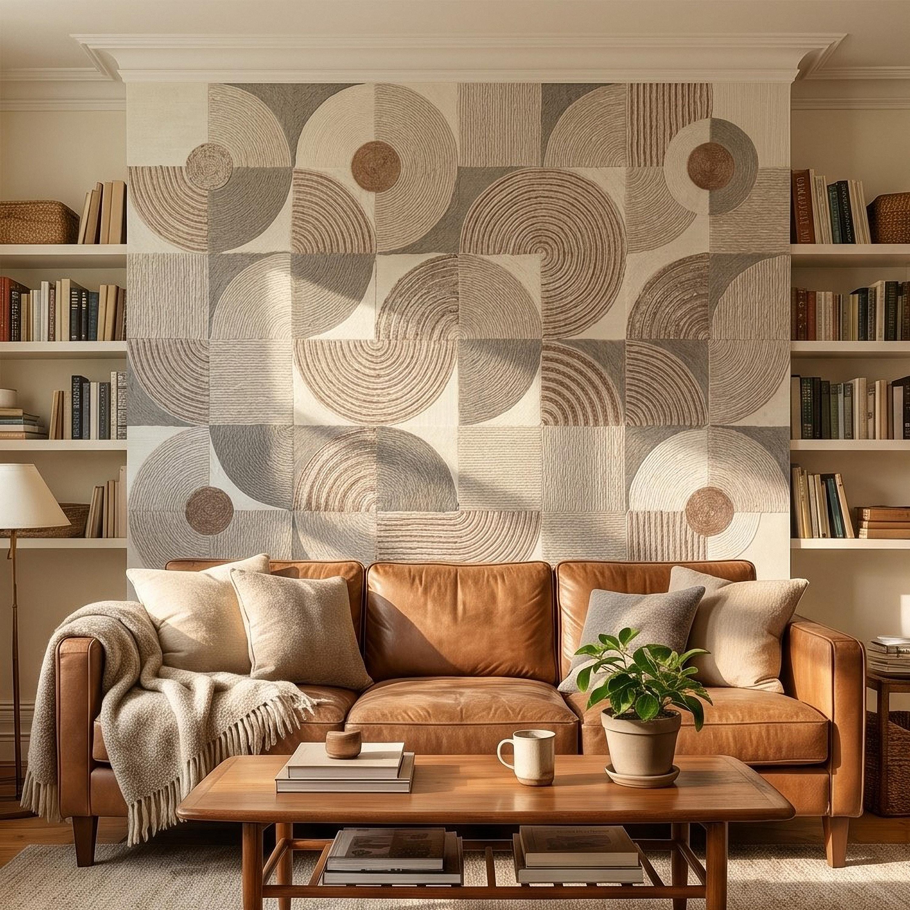 Abstract Geometric Peel and Stick Wall Mural, Neutral Beige Taupe Circles & Arches, Mid Century Modern Boho Scandi Textured Wallpaper
