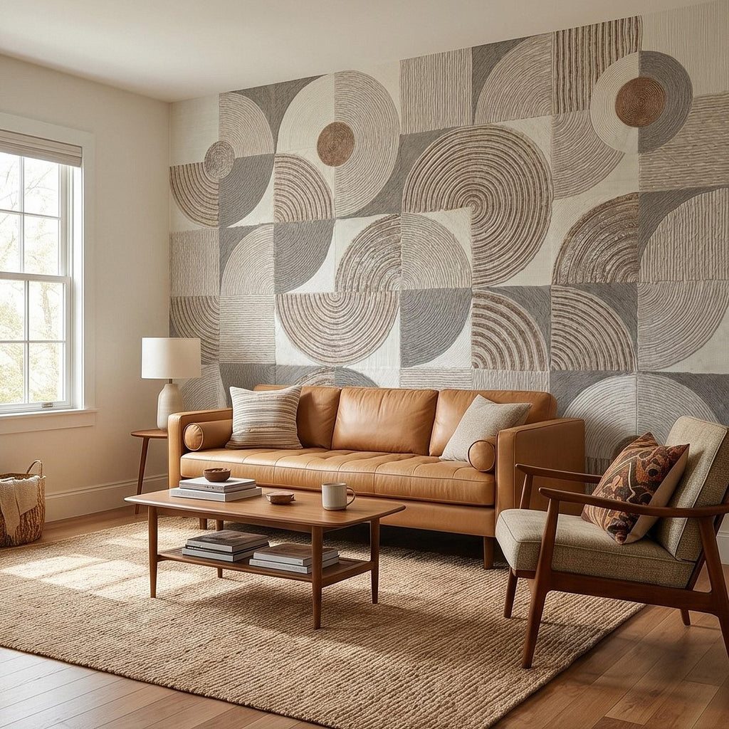 Abstract Geometric Peel and Stick Wall Mural, Neutral Beige Taupe Circles & Arches, Mid Century Modern Boho Scandi Textured Wallpaper