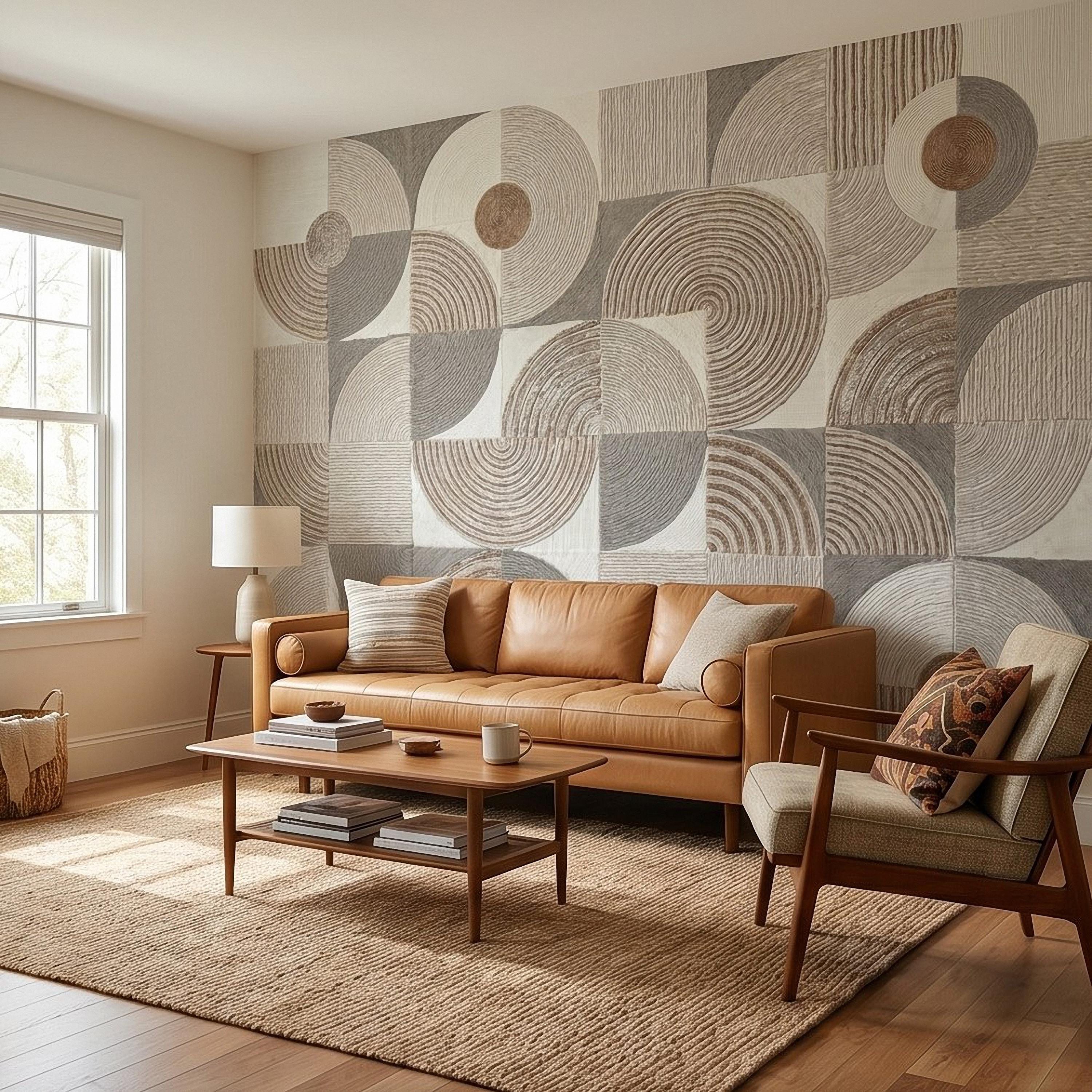 Abstract Geometric Peel and Stick Wall Mural, Neutral Beige Taupe Circles & Arches, Mid Century Modern Boho Scandi Textured Wallpaper