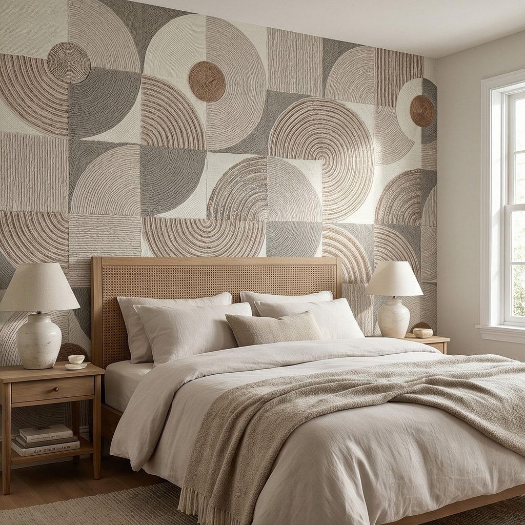 Abstract Geometric Peel and Stick Wall Mural, Neutral Beige Taupe Circles & Arches, Mid Century Modern Boho Scandi Textured Wallpaper