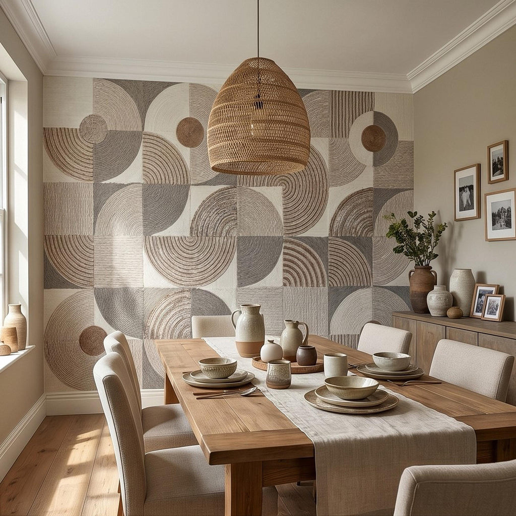 Abstract Geometric Peel and Stick Wall Mural, Neutral Beige Taupe Circles & Arches, Mid Century Modern Boho Scandi Textured Wallpaper