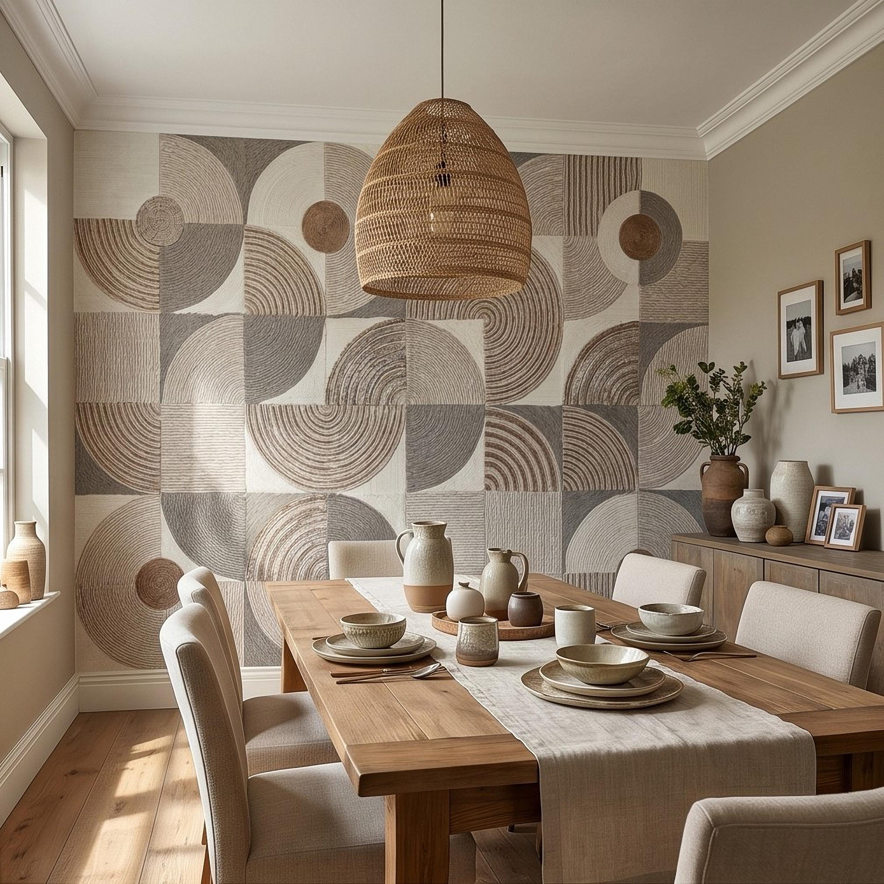 Abstract Geometric Peel and Stick Wall Mural, Neutral Beige Taupe Circles & Arches, Mid Century Modern Boho Scandi Textured Wallpaper