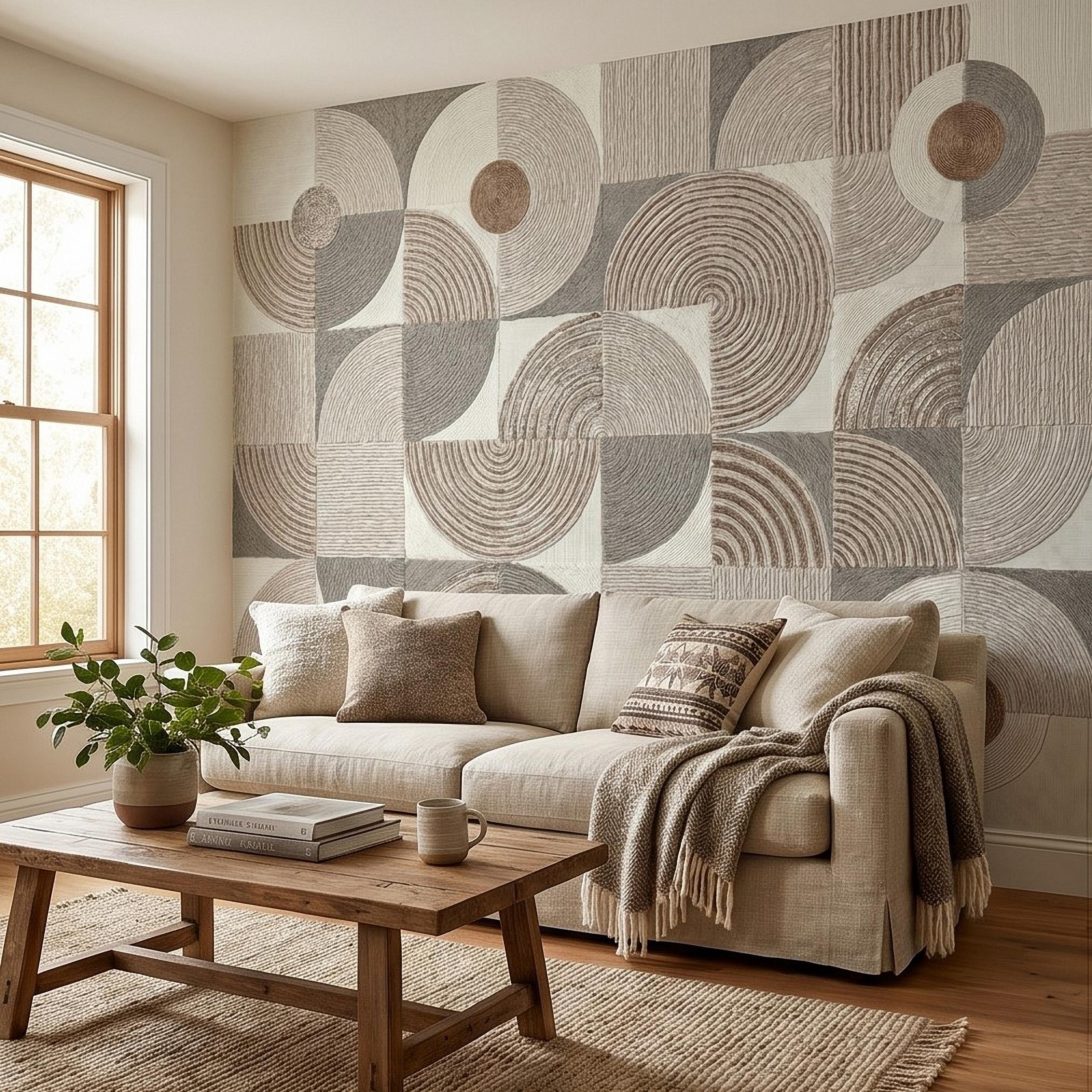 Abstract Geometric Peel and Stick Wall Mural, Neutral Beige Taupe Circles & Arches, Mid Century Modern Boho Scandi Textured Wallpaper