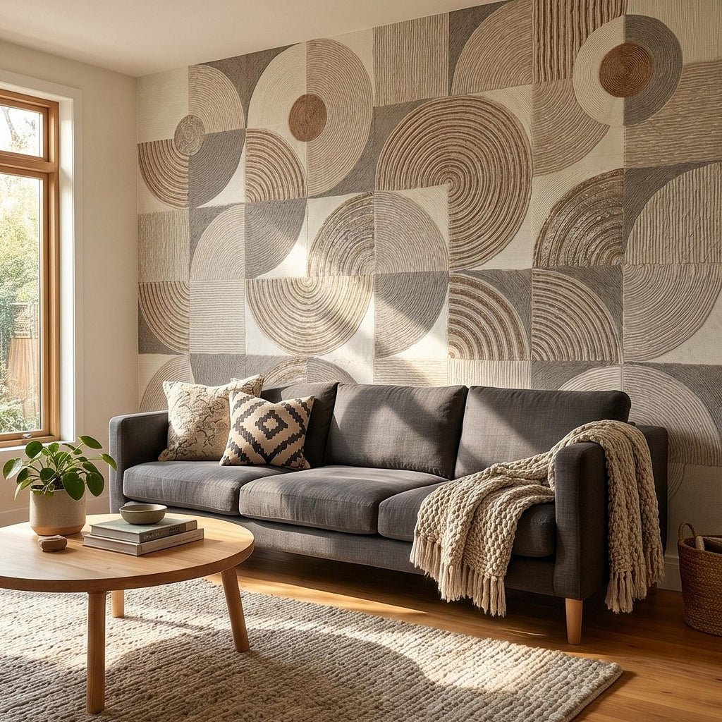 Abstract Geometric Peel and Stick Wall Mural, Neutral Beige Taupe Circles & Arches, Mid Century Modern Boho Scandi Textured Wallpaper