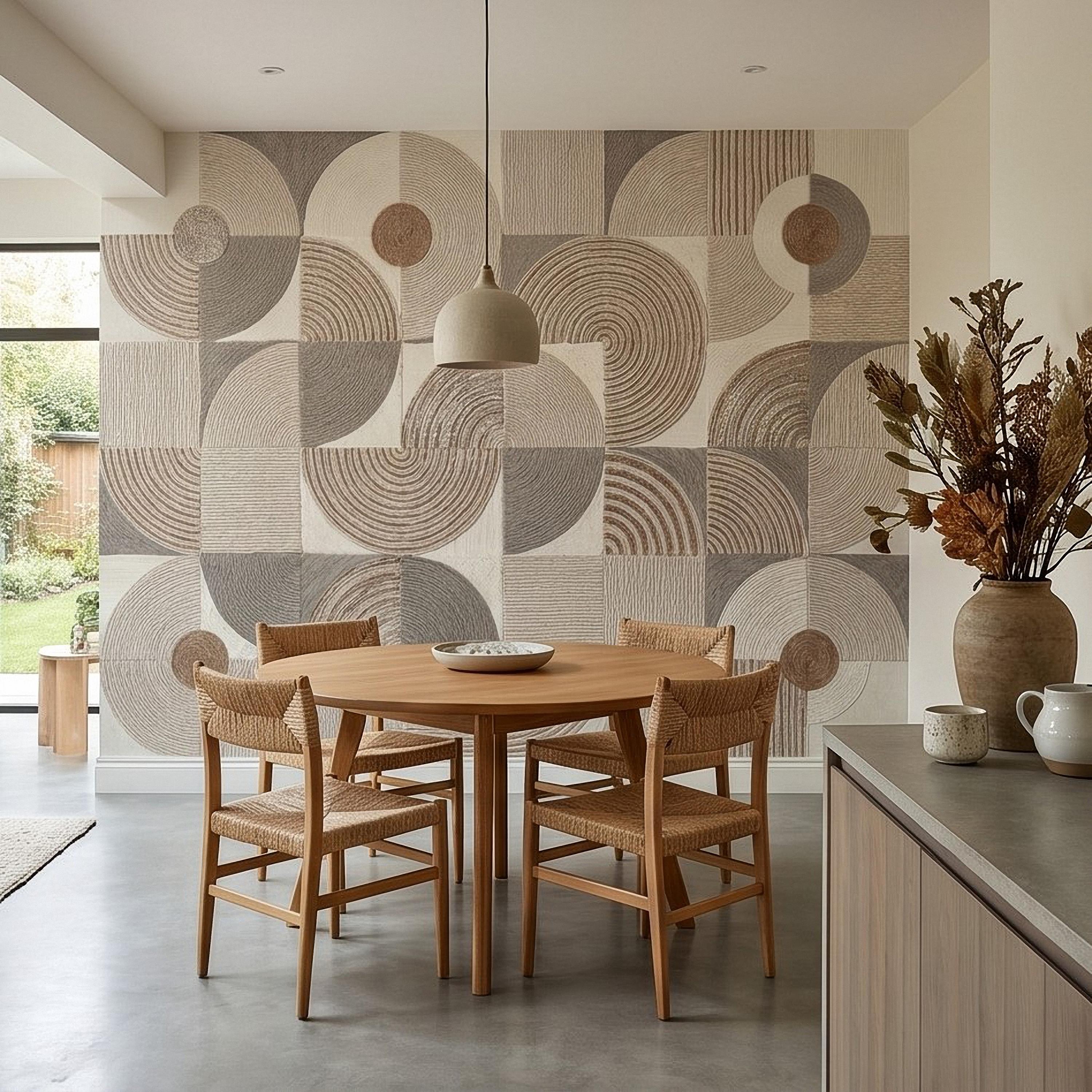 Abstract Geometric Peel and Stick Wall Mural, Neutral Beige Taupe Circles & Arches, Mid Century Modern Boho Scandi Textured Wallpaper