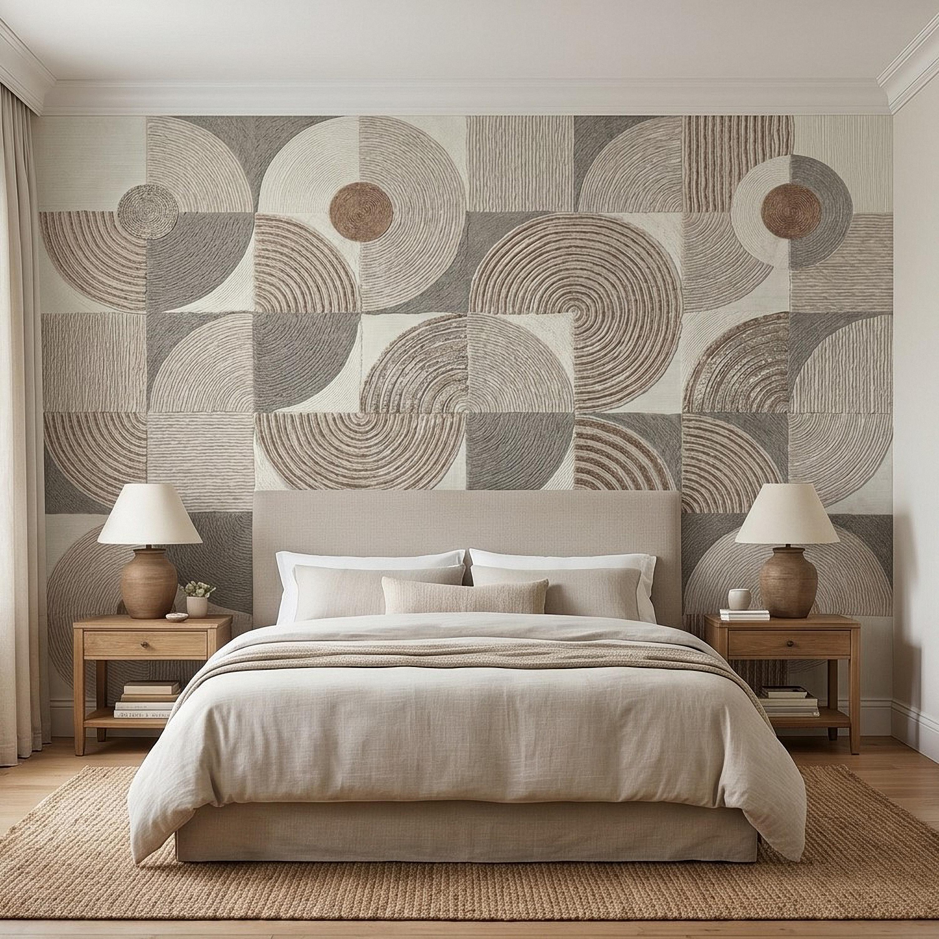 Abstract Geometric Peel and Stick Wall Mural, Neutral Beige Taupe Circles & Arches, Mid Century Modern Boho Scandi Textured Wallpaper