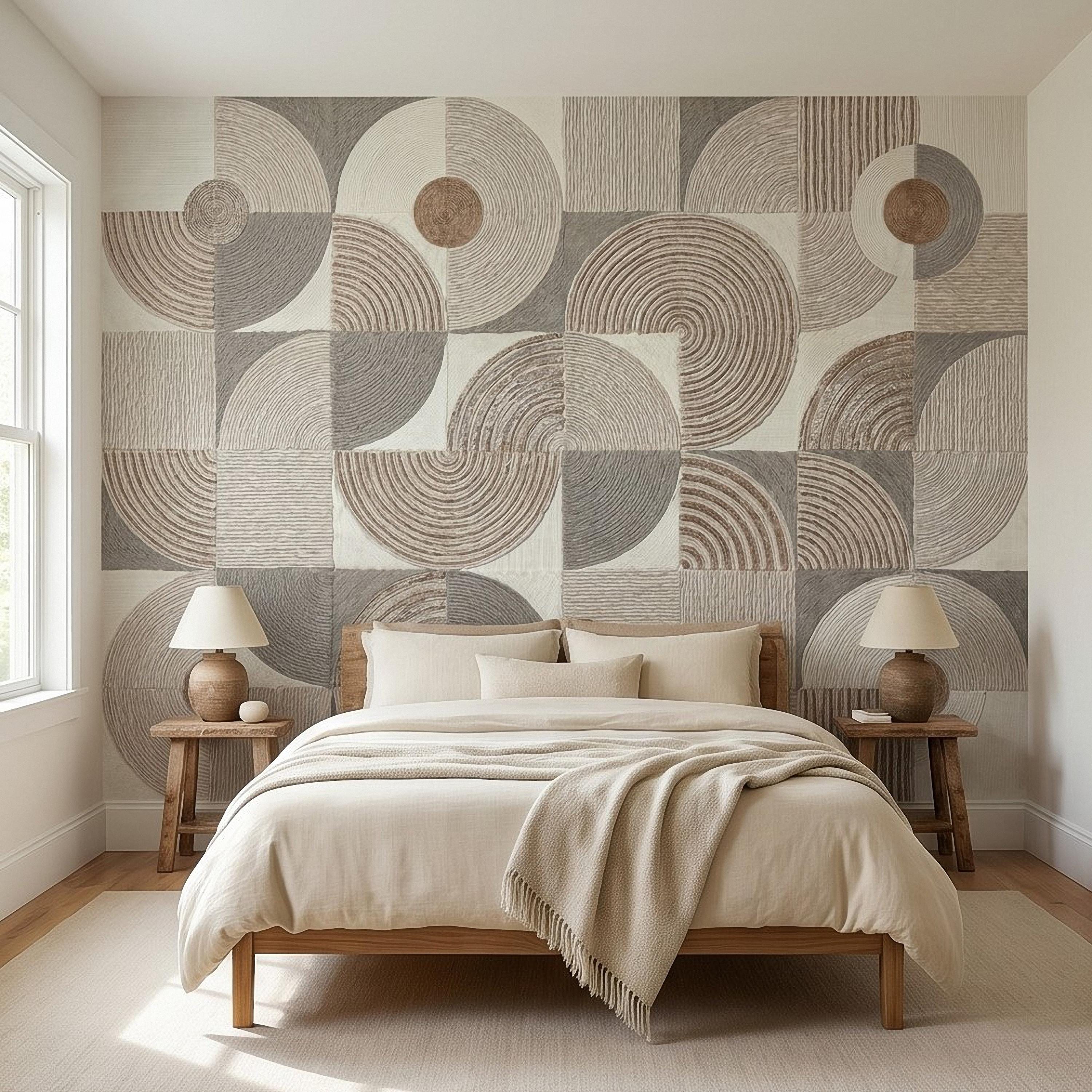 Abstract Geometric Peel and Stick Wall Mural, Neutral Beige Taupe Circles & Arches, Mid Century Modern Boho Scandi Textured Wallpaper