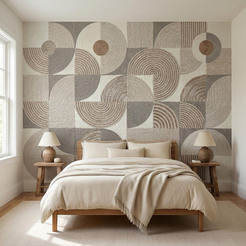 Neutral geometric wall mural with stacked arch and ring circles in beige and taupe