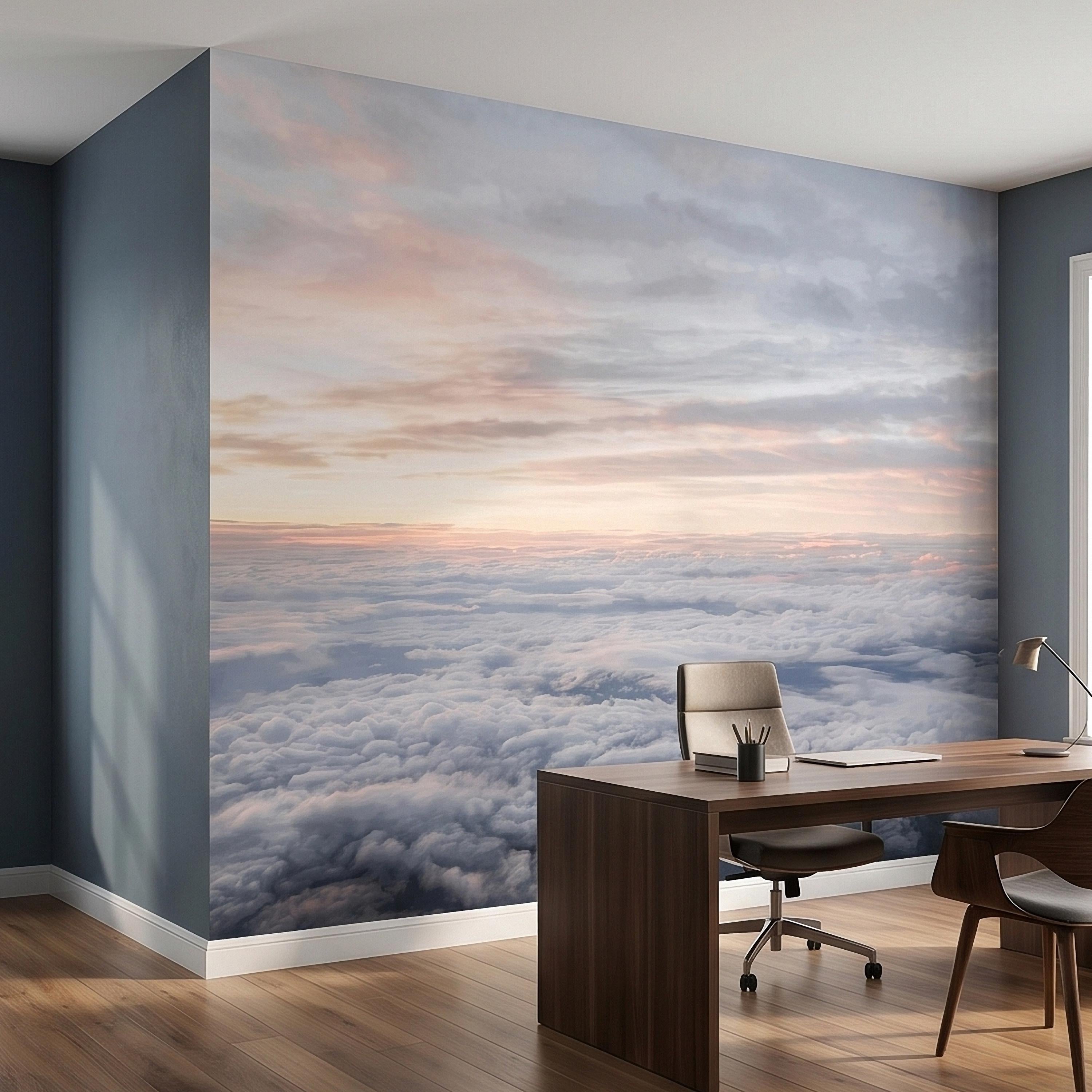 Sunrise Above the Clouds Peel and Stick Wall Mural, Pastel Sky Cloudscape Aerial Landscape, Soft Dreamy Minimal Wallpaper