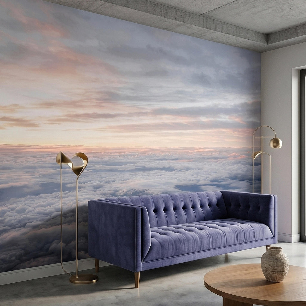 Sunrise Above the Clouds Peel and Stick Wall Mural, Pastel Sky Cloudscape Aerial Landscape, Soft Dreamy Minimal Wallpaper
