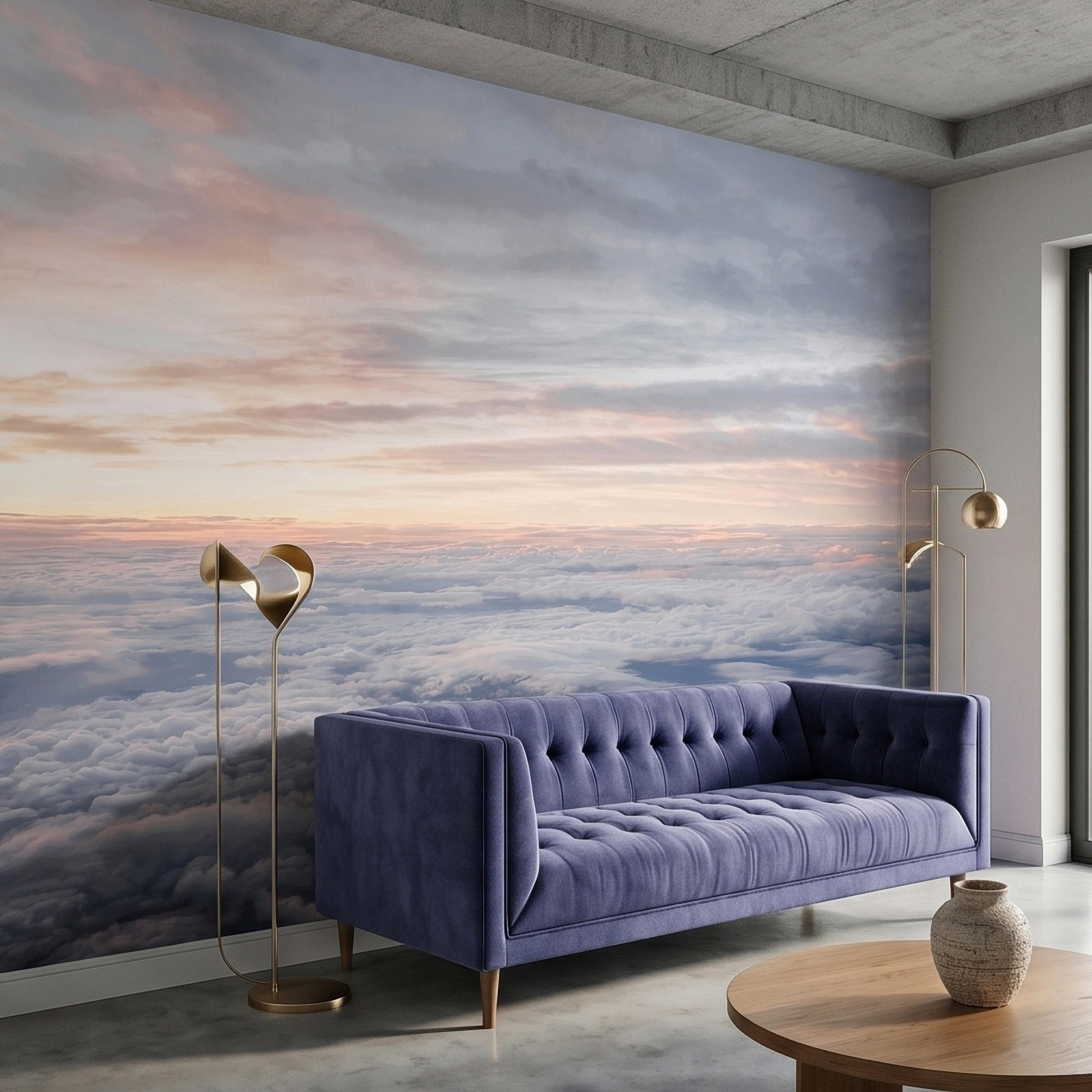 Sunrise Above the Clouds Peel and Stick Wall Mural, Pastel Sky Cloudscape Aerial Landscape, Soft Dreamy Minimal Wallpaper