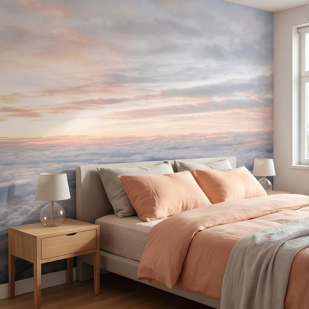 Sunrise Above the Clouds Peel and Stick Wall Mural, Pastel Sky Cloudscape Aerial Landscape, Soft Dreamy Minimal Wallpaper