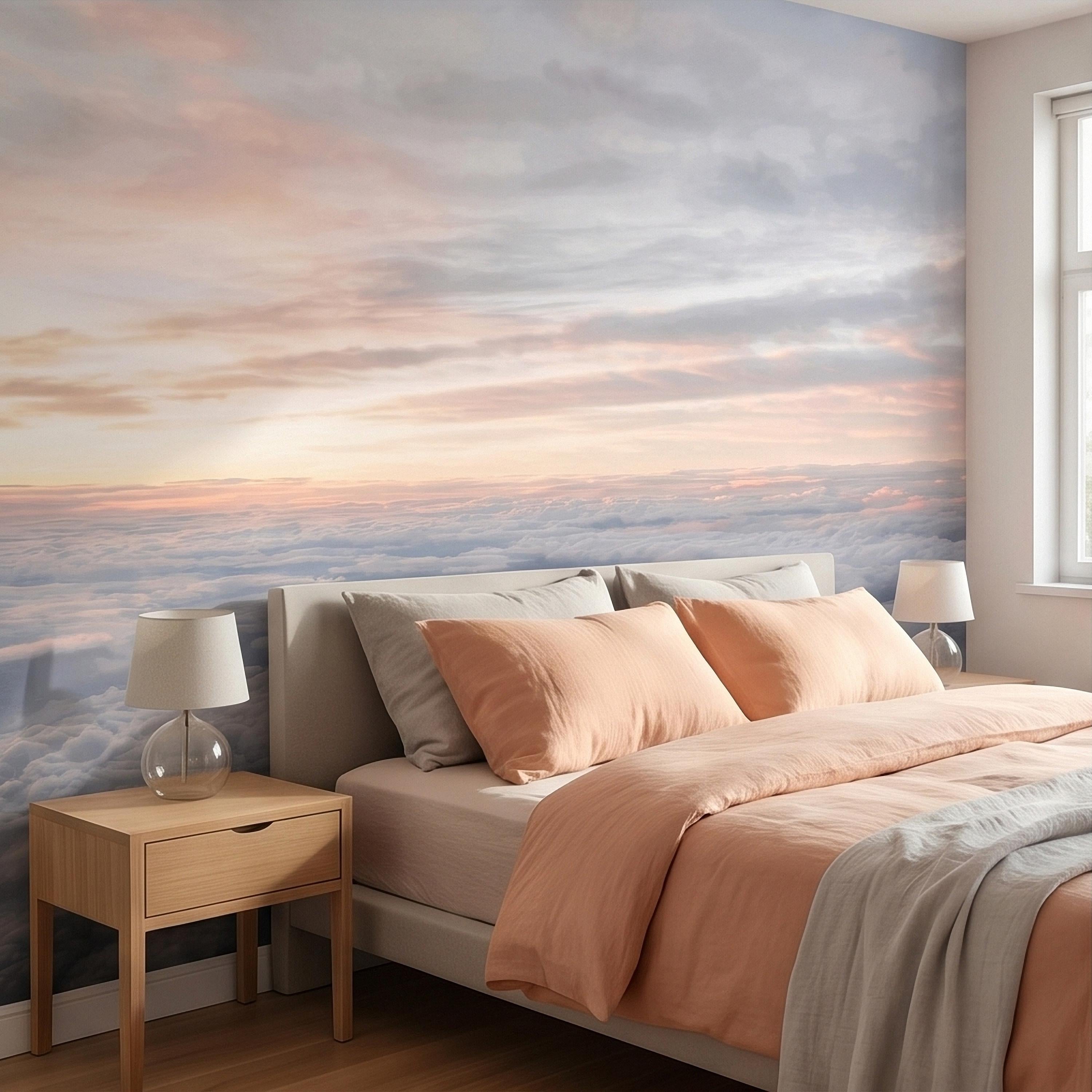 Sunrise Above the Clouds Peel and Stick Wall Mural, Pastel Sky Cloudscape Aerial Landscape, Soft Dreamy Minimal Wallpaper