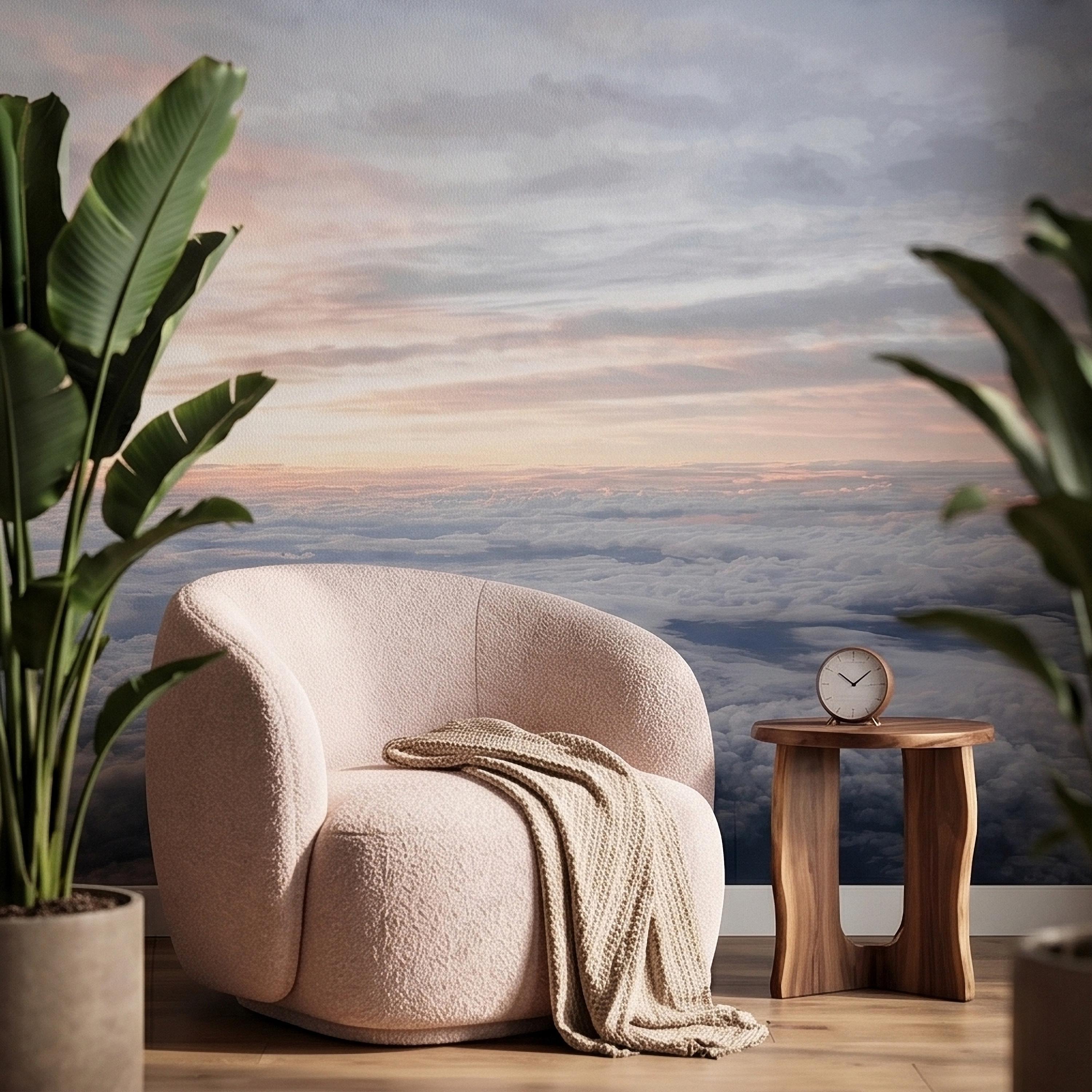 Sunrise Above the Clouds Peel and Stick Wall Mural, Pastel Sky Cloudscape Aerial Landscape, Soft Dreamy Minimal Wallpaper