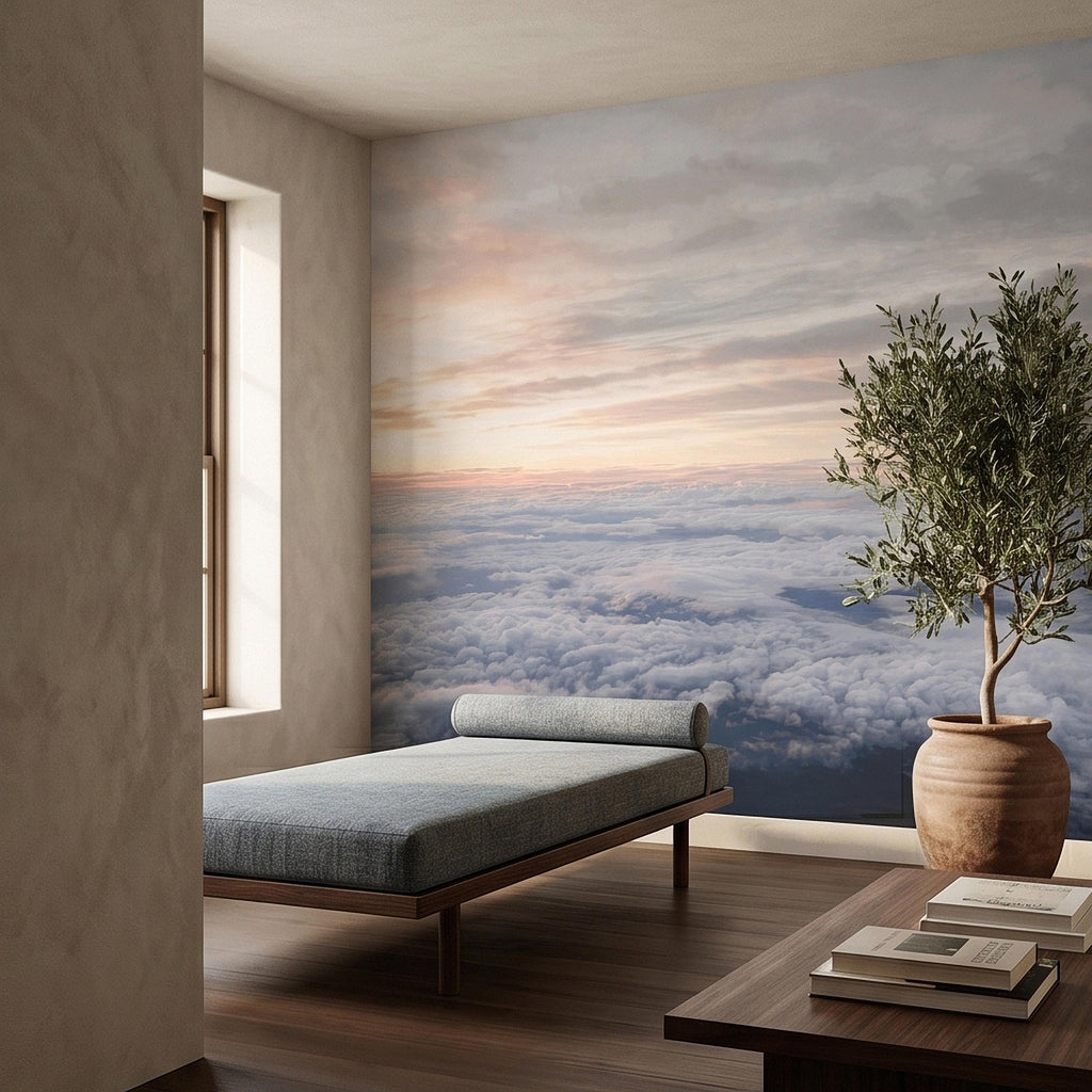 Sunrise Above the Clouds Peel and Stick Wall Mural, Pastel Sky Cloudscape Aerial Landscape, Soft Dreamy Minimal Wallpaper