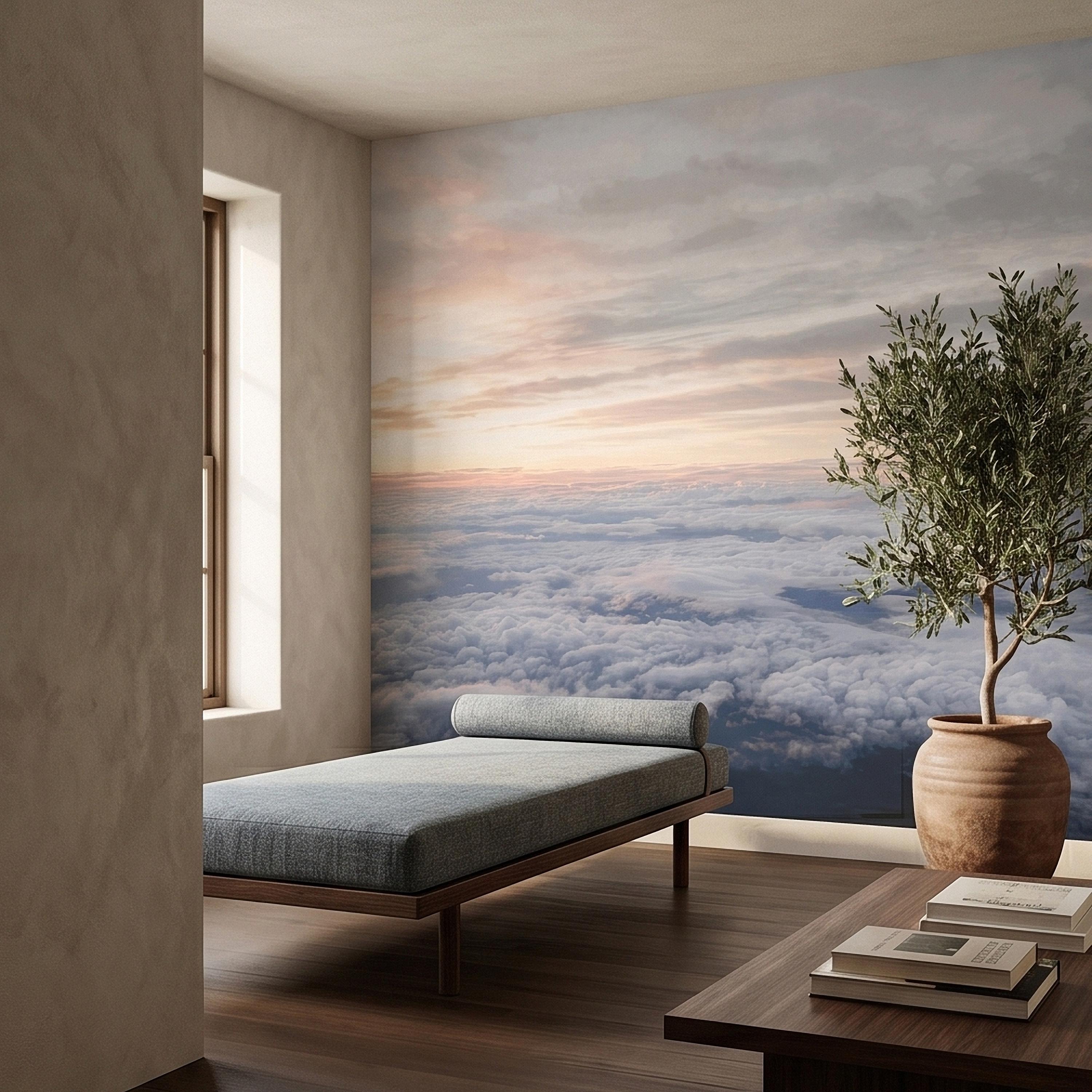Sunrise Above the Clouds Peel and Stick Wall Mural, Pastel Sky Cloudscape Aerial Landscape, Soft Dreamy Minimal Wallpaper