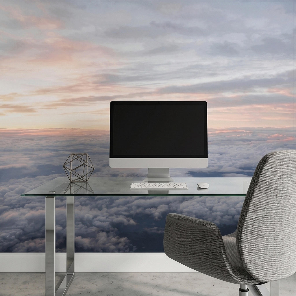 Sunrise Above the Clouds Peel and Stick Wall Mural, Pastel Sky Cloudscape Aerial Landscape, Soft Dreamy Minimal Wallpaper