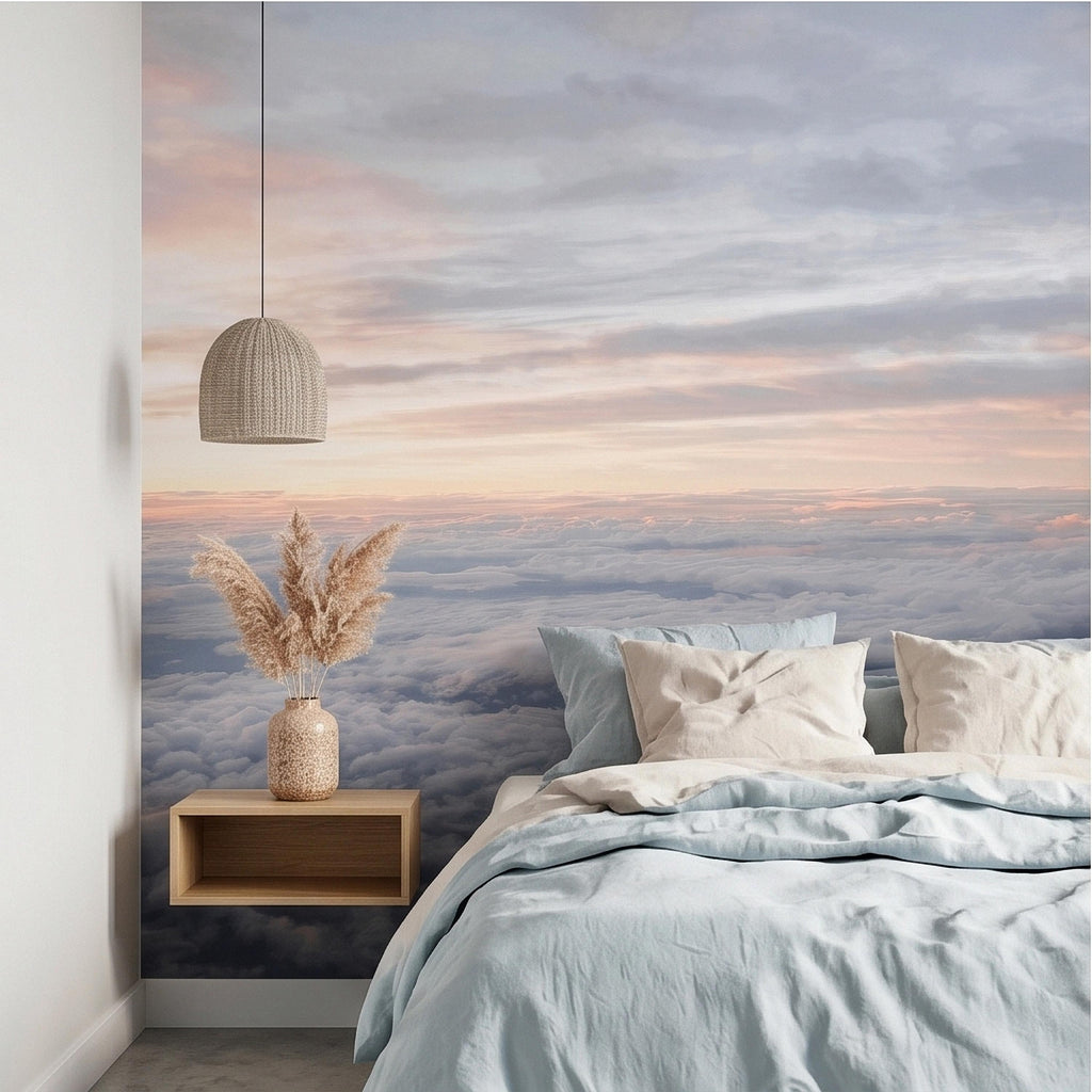 Sunrise Above the Clouds Peel and Stick Wall Mural, Pastel Sky Cloudscape Aerial Landscape, Soft Dreamy Minimal Wallpaper