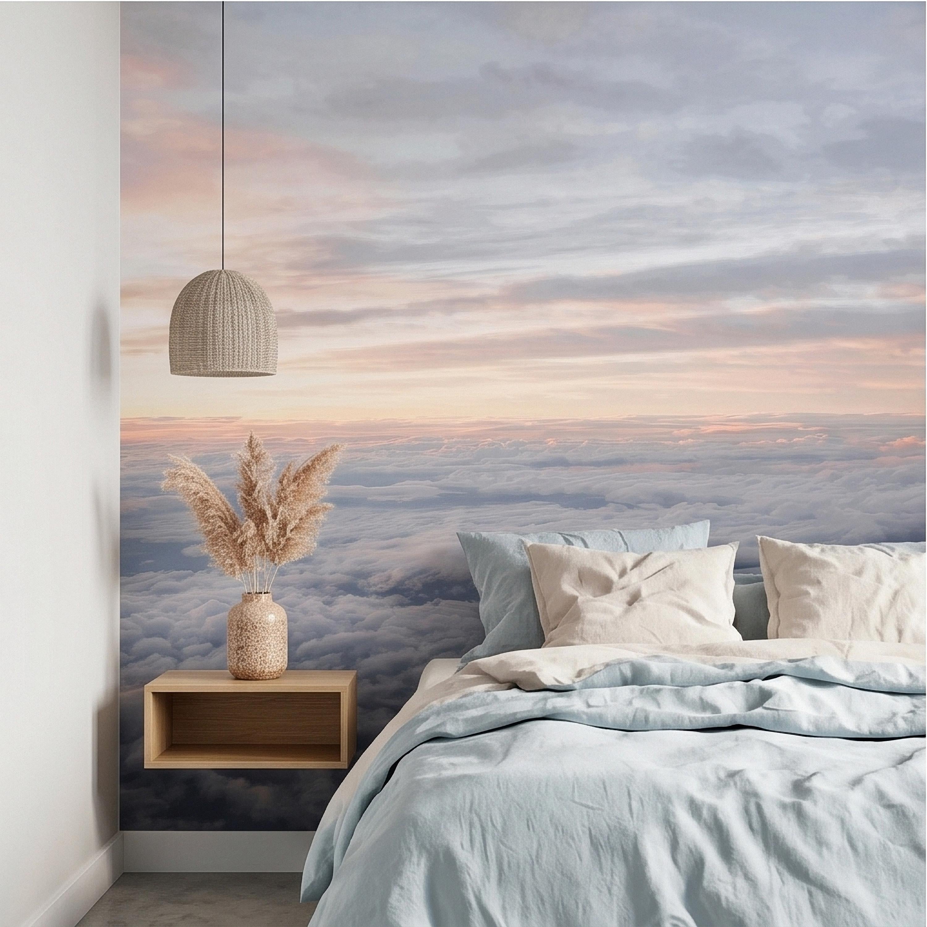 Sunrise Above the Clouds Peel and Stick Wall Mural, Pastel Sky Cloudscape Aerial Landscape, Soft Dreamy Minimal Wallpaper