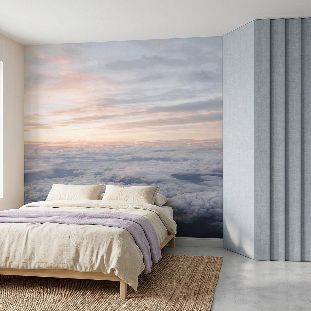Sunrise Above the Clouds Peel and Stick Wall Mural, Pastel Sky Cloudscape Aerial Landscape, Soft Dreamy Minimal Wallpaper