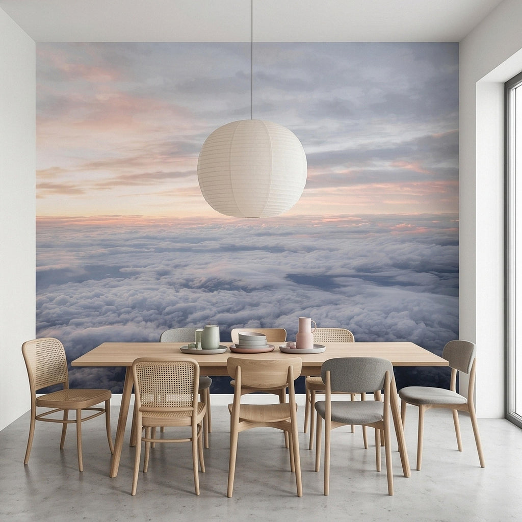Sunrise Above the Clouds Peel and Stick Wall Mural, Pastel Sky Cloudscape Aerial Landscape, Soft Dreamy Minimal Wallpaper