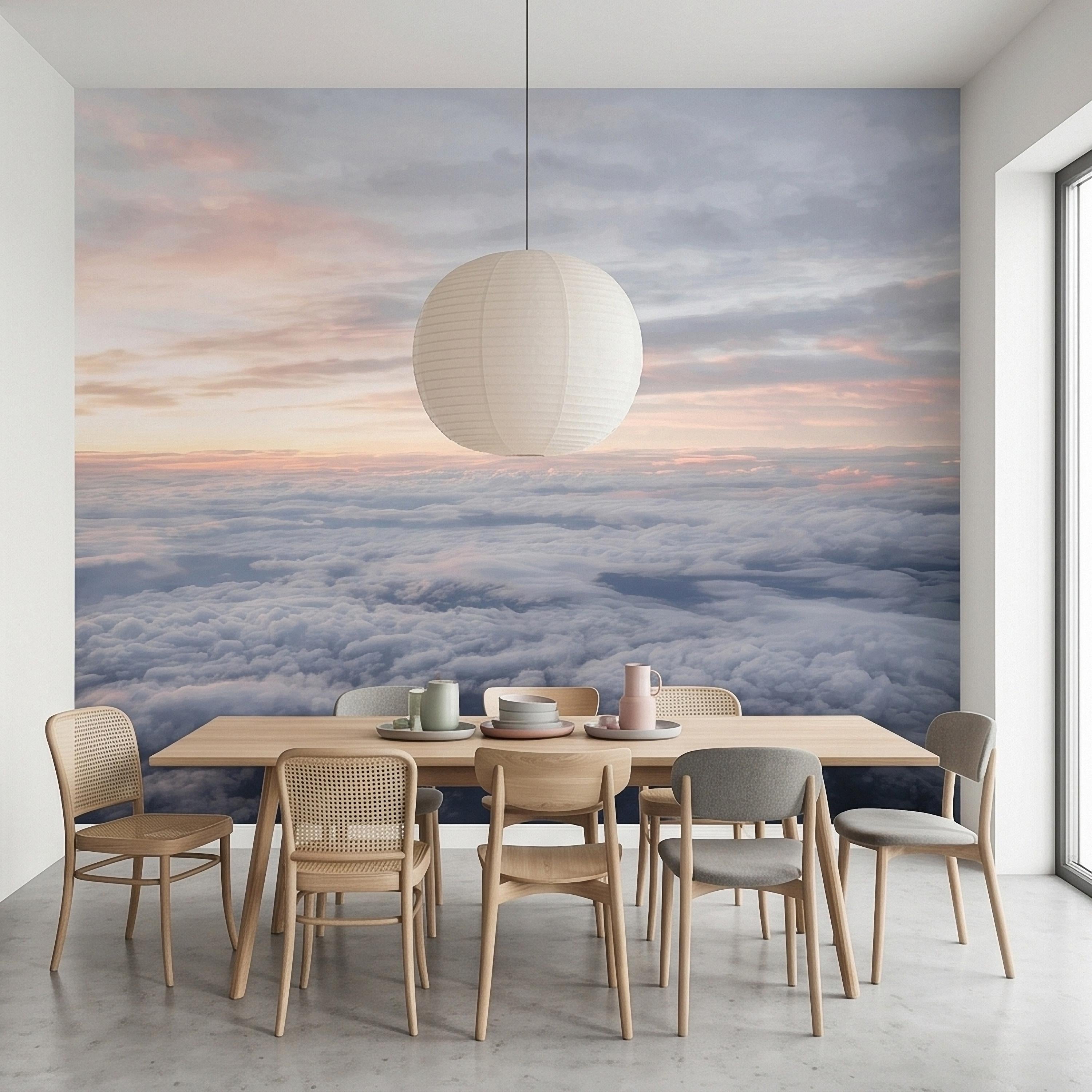 Sunrise Above the Clouds Peel and Stick Wall Mural, Pastel Sky Cloudscape Aerial Landscape, Soft Dreamy Minimal Wallpaper
