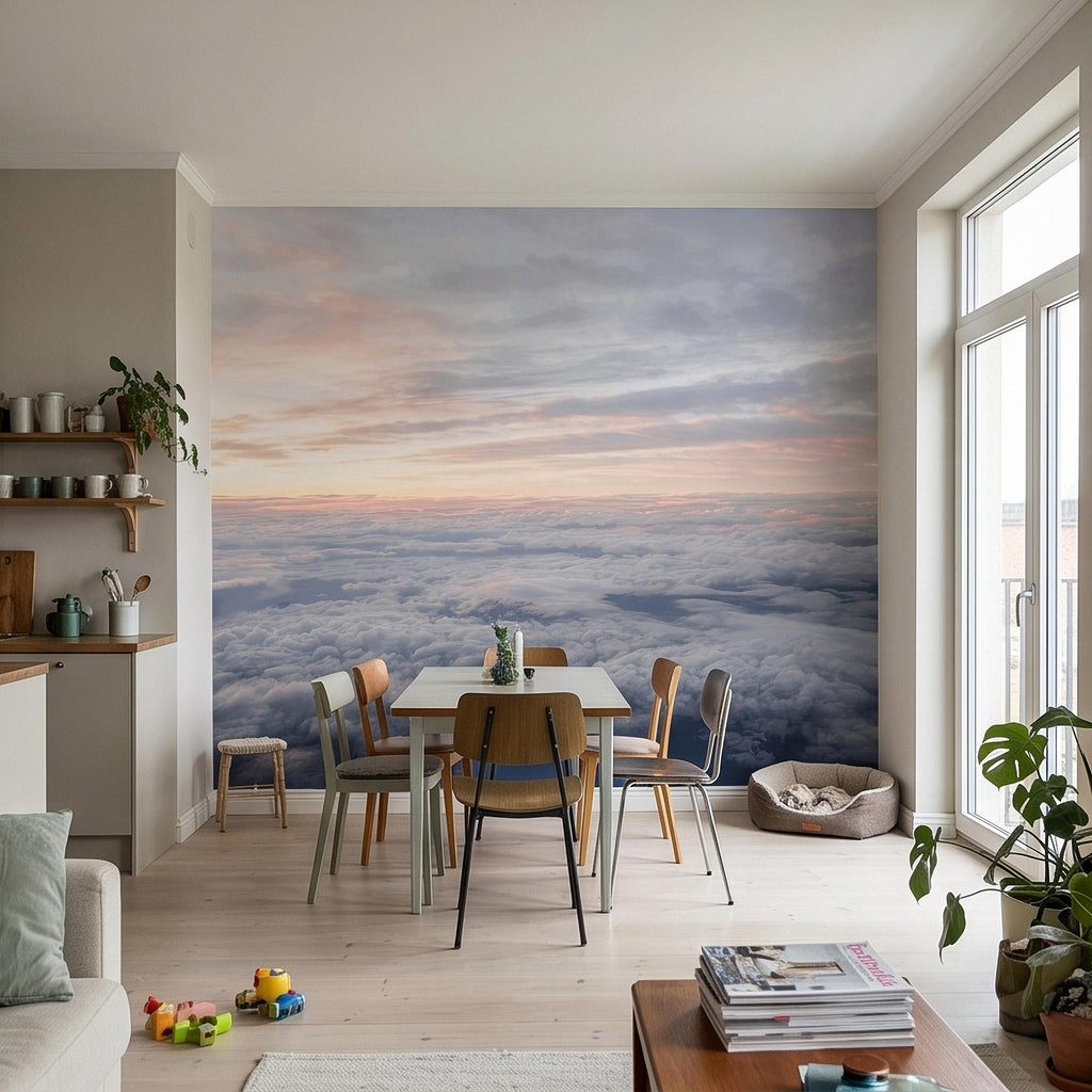 Sunrise Above the Clouds Peel and Stick Wall Mural, Pastel Sky Cloudscape Aerial Landscape, Soft Dreamy Minimal Wallpaper