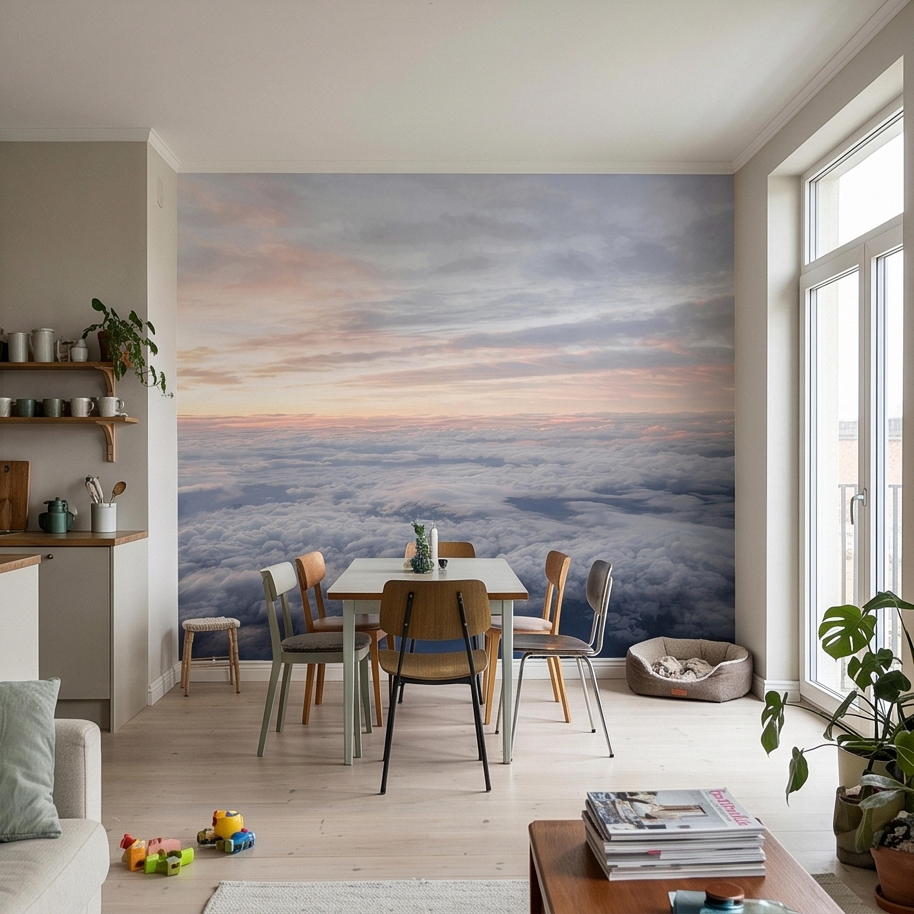 Sunrise Above the Clouds Peel and Stick Wall Mural, Pastel Sky Cloudscape Aerial Landscape, Soft Dreamy Minimal Wallpaper