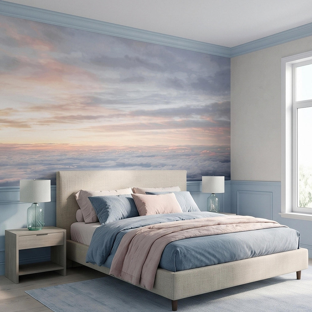 Sunrise Above the Clouds Peel and Stick Wall Mural, Pastel Sky Cloudscape Aerial Landscape, Soft Dreamy Minimal Wallpaper