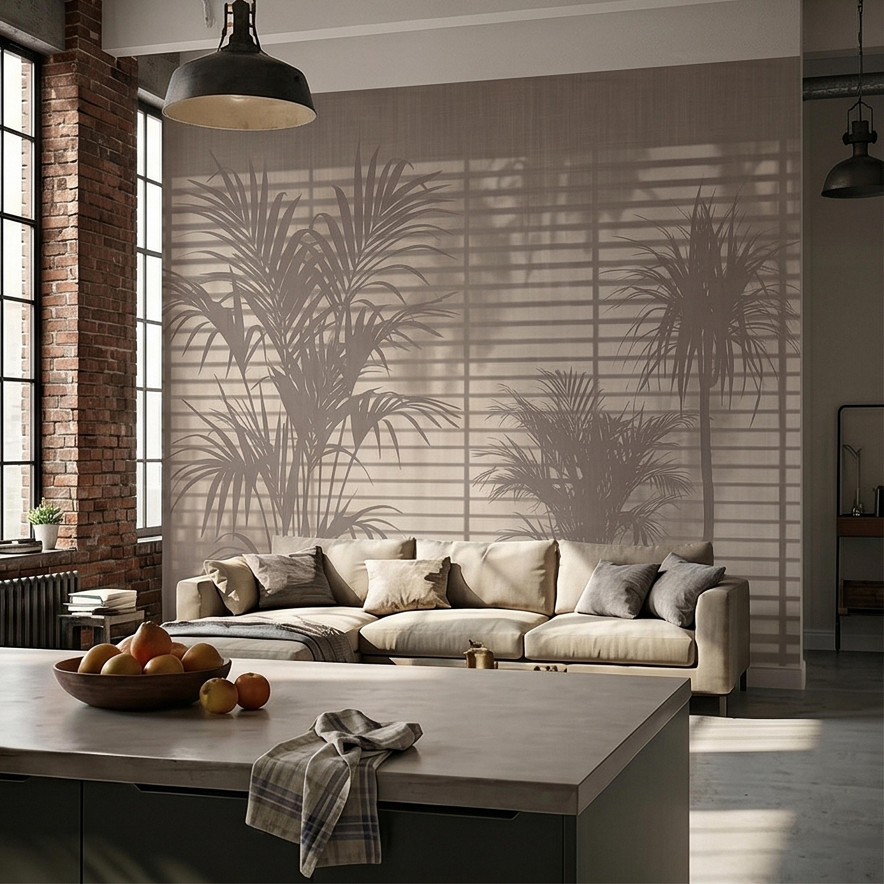 Palm Tree Shadow Peel and Stick Wall Mural, Neutral Beige Tropical Silhouette Window Blinds Light, Minimal Modern Boho Linen Wallpaper