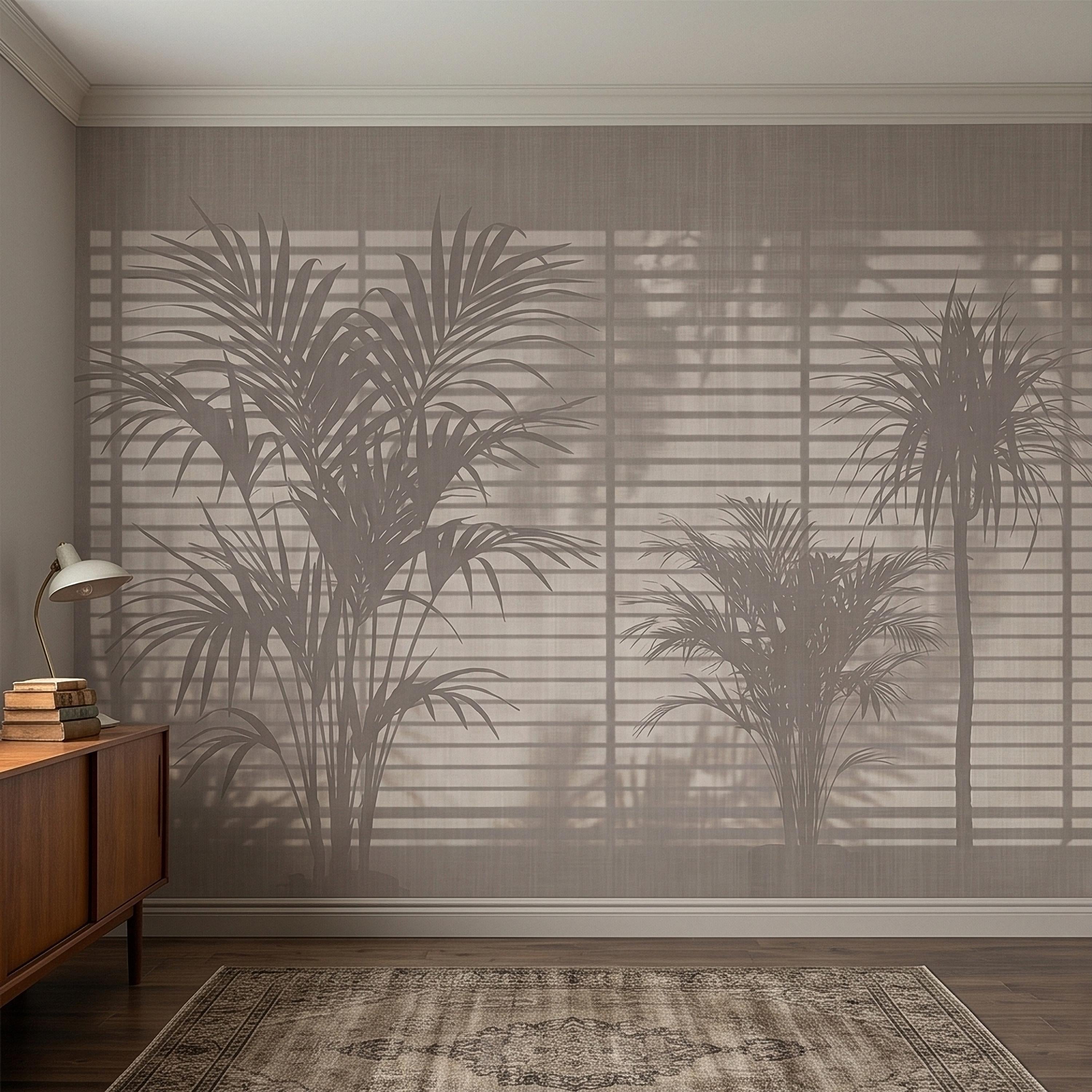 Palm Tree Shadow Peel and Stick Wall Mural, Neutral Beige Tropical Silhouette Window Blinds Light, Minimal Modern Boho Linen Wallpaper