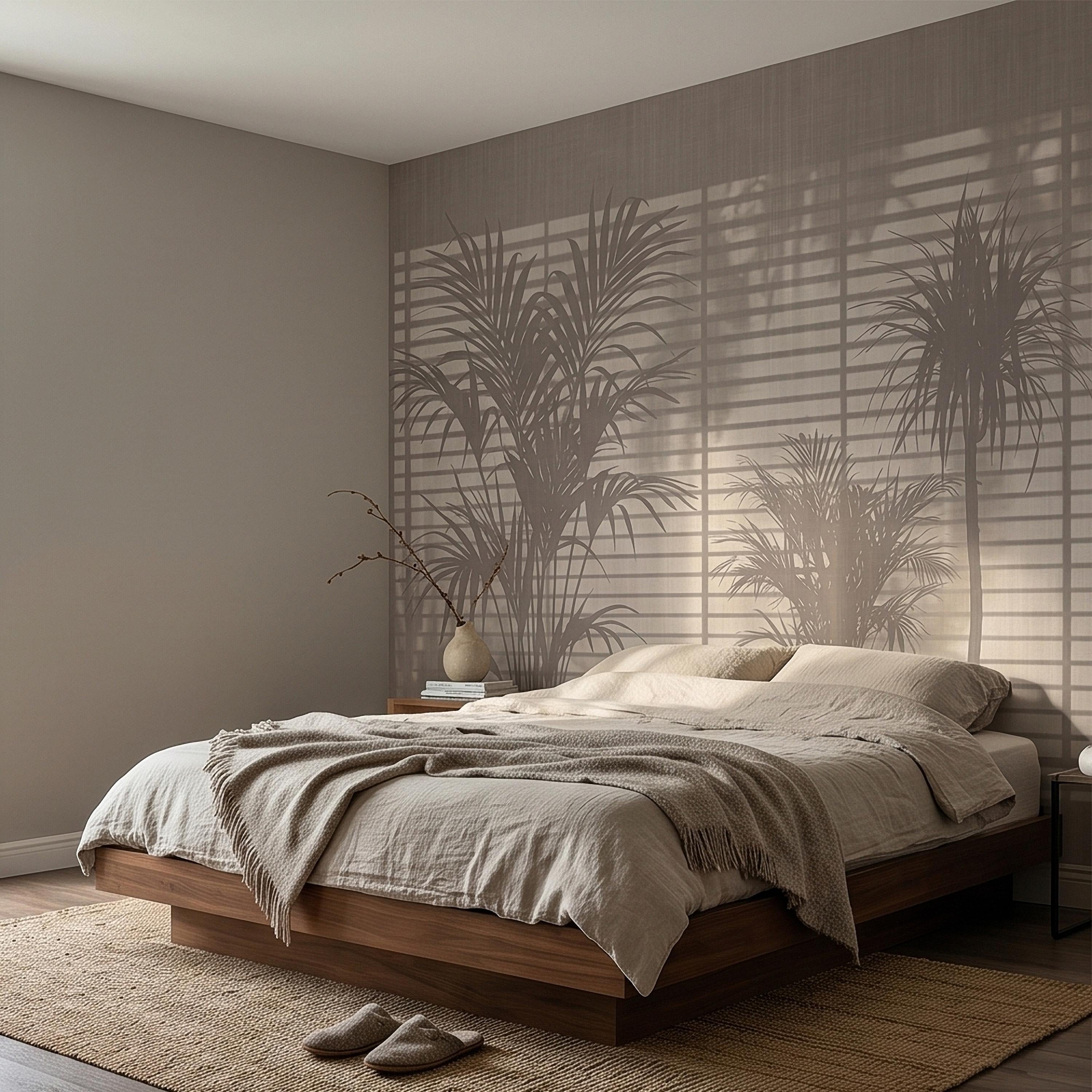 Palm Tree Shadow Peel and Stick Wall Mural, Neutral Beige Tropical Silhouette Window Blinds Light, Minimal Modern Boho Linen Wallpaper