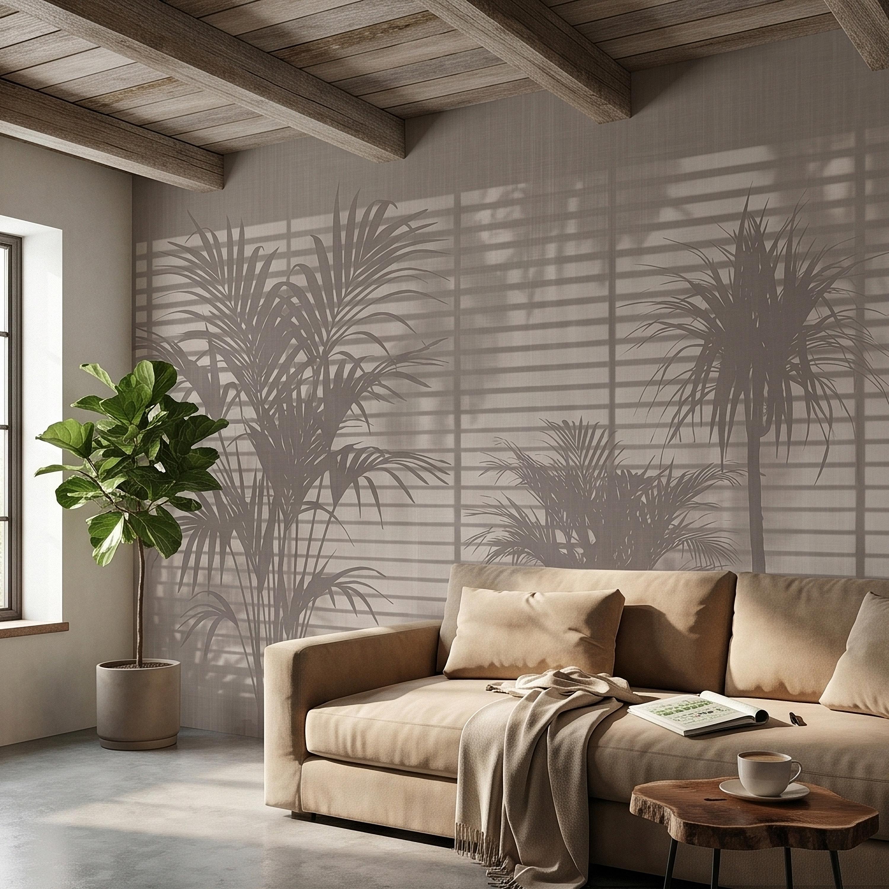 Palm Tree Shadow Peel and Stick Wall Mural, Neutral Beige Tropical Silhouette Window Blinds Light, Minimal Modern Boho Linen Wallpaper