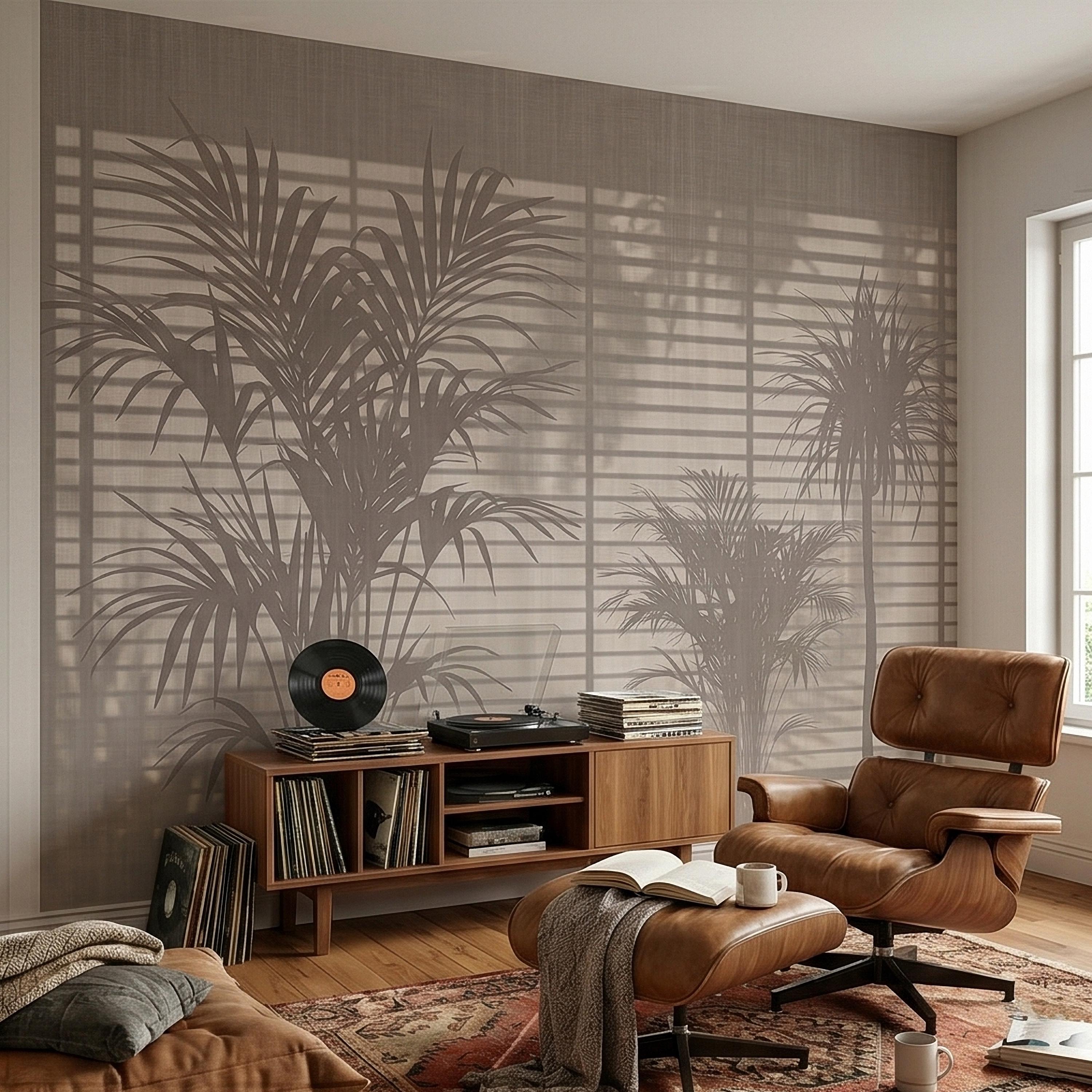 Palm Tree Shadow Peel and Stick Wall Mural, Neutral Beige Tropical Silhouette Window Blinds Light, Minimal Modern Boho Linen Wallpaper