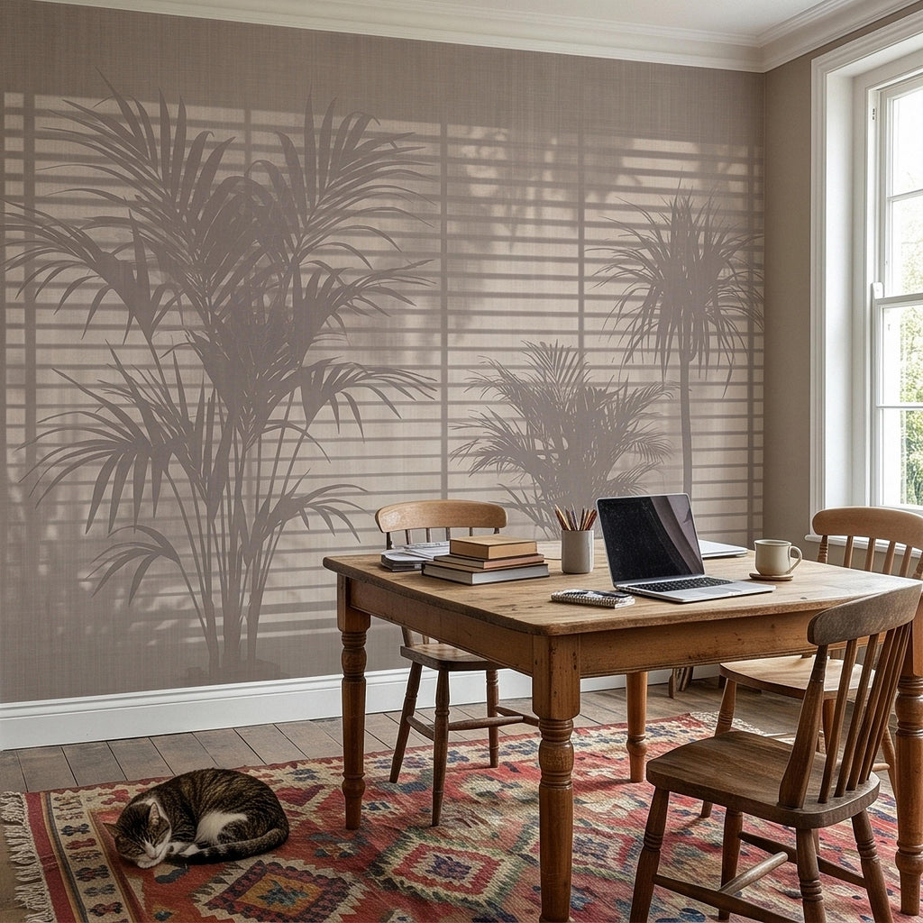 Palm Tree Shadow Peel and Stick Wall Mural, Neutral Beige Tropical Silhouette Window Blinds Light, Minimal Modern Boho Linen Wallpaper