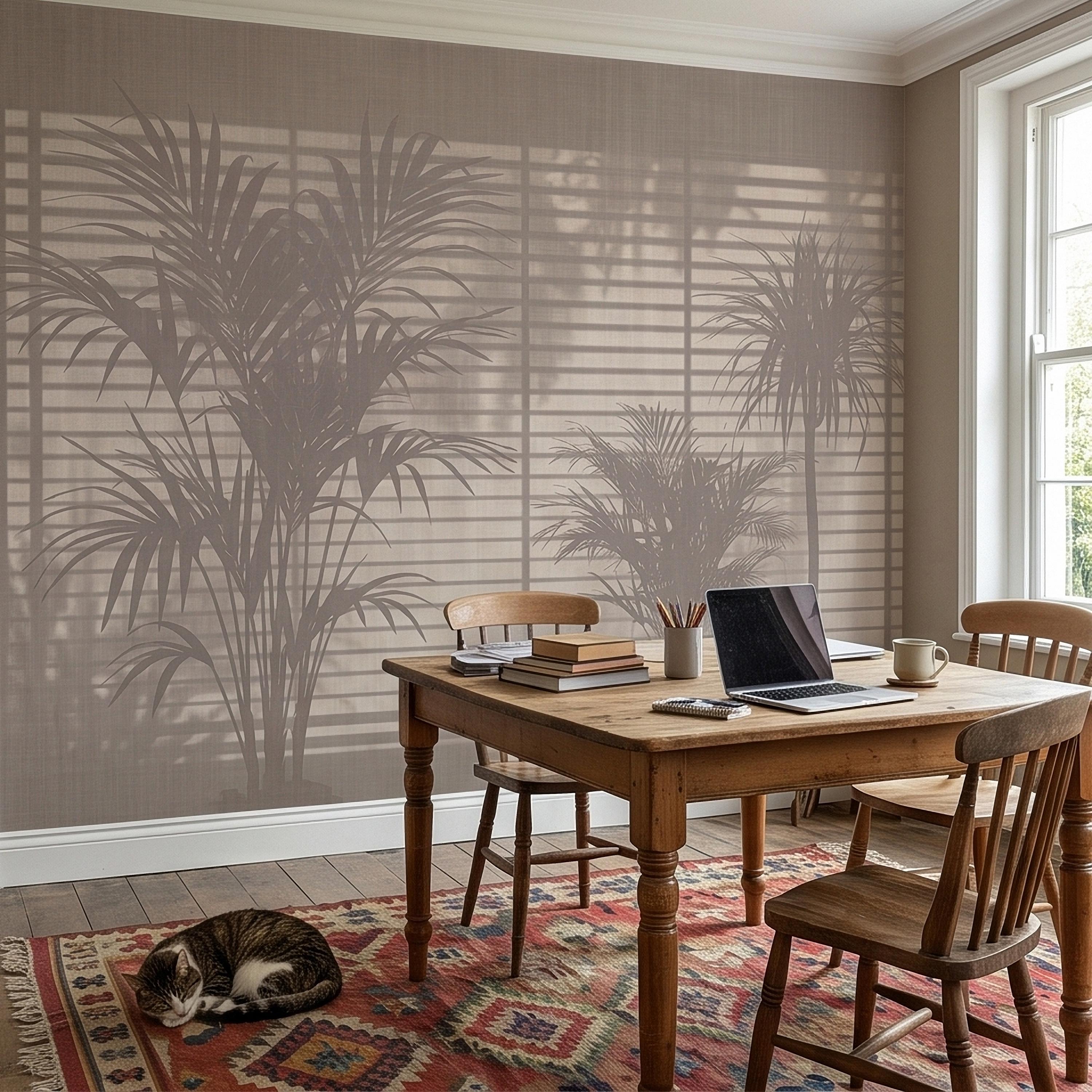 Palm Tree Shadow Peel and Stick Wall Mural, Neutral Beige Tropical Silhouette Window Blinds Light, Minimal Modern Boho Linen Wallpaper