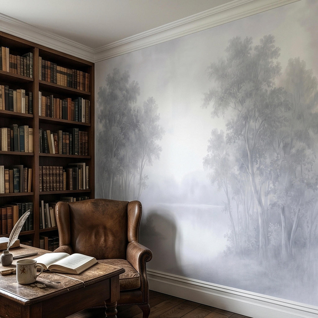 Misty Forest Peel and Stick Wall Mural, Soft Gray Foggy Woodland Trees Minimal Scandinavian Neutral Landscape, Ethereal Monochrome Wallpaper