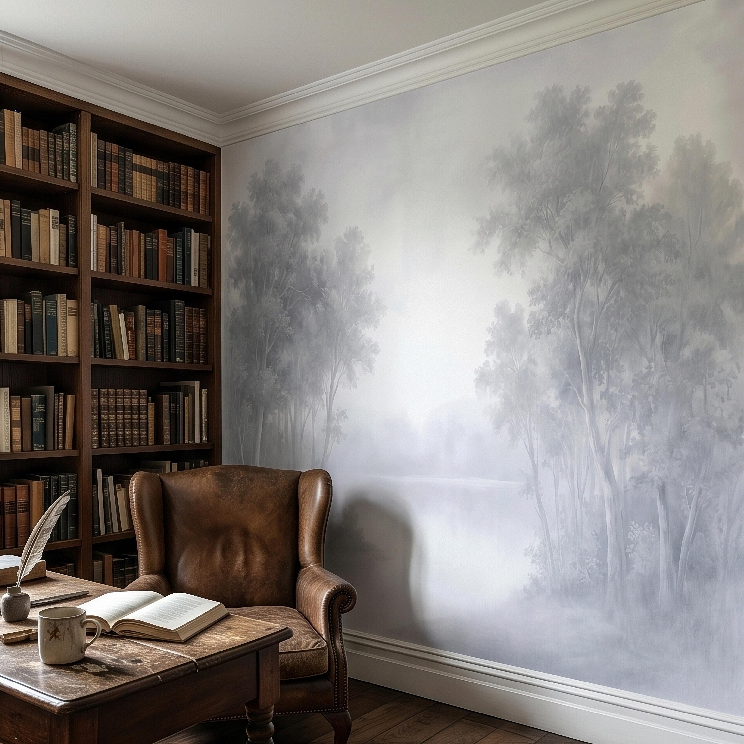 Misty Forest Peel and Stick Wall Mural, Soft Gray Foggy Woodland Trees Minimal Scandinavian Neutral Landscape, Ethereal Monochrome Wallpaper