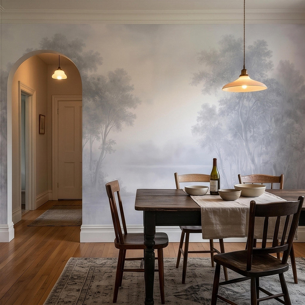 Misty Forest Peel and Stick Wall Mural, Soft Gray Foggy Woodland Trees Minimal Scandinavian Neutral Landscape, Ethereal Monochrome Wallpaper