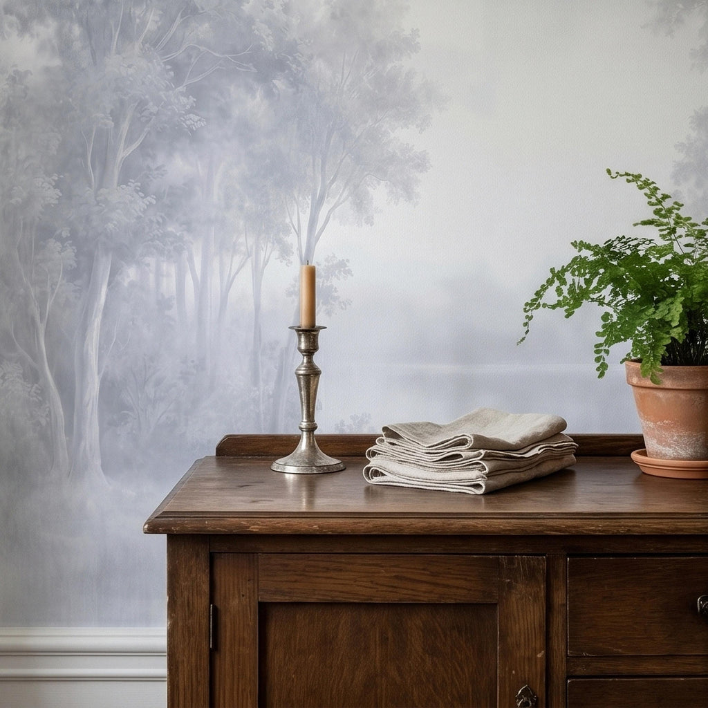 Misty Forest Peel and Stick Wall Mural, Soft Gray Foggy Woodland Trees Minimal Scandinavian Neutral Landscape, Ethereal Monochrome Wallpaper