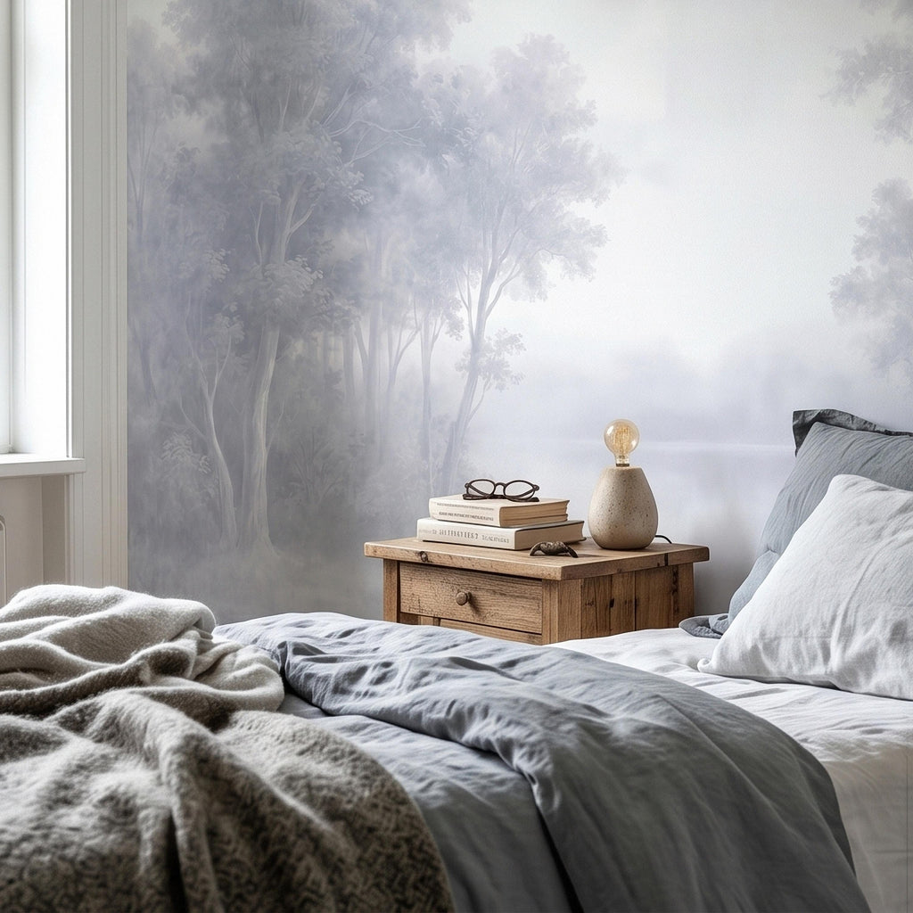 Misty Forest Peel and Stick Wall Mural, Soft Gray Foggy Woodland Trees Minimal Scandinavian Neutral Landscape, Ethereal Monochrome Wallpaper