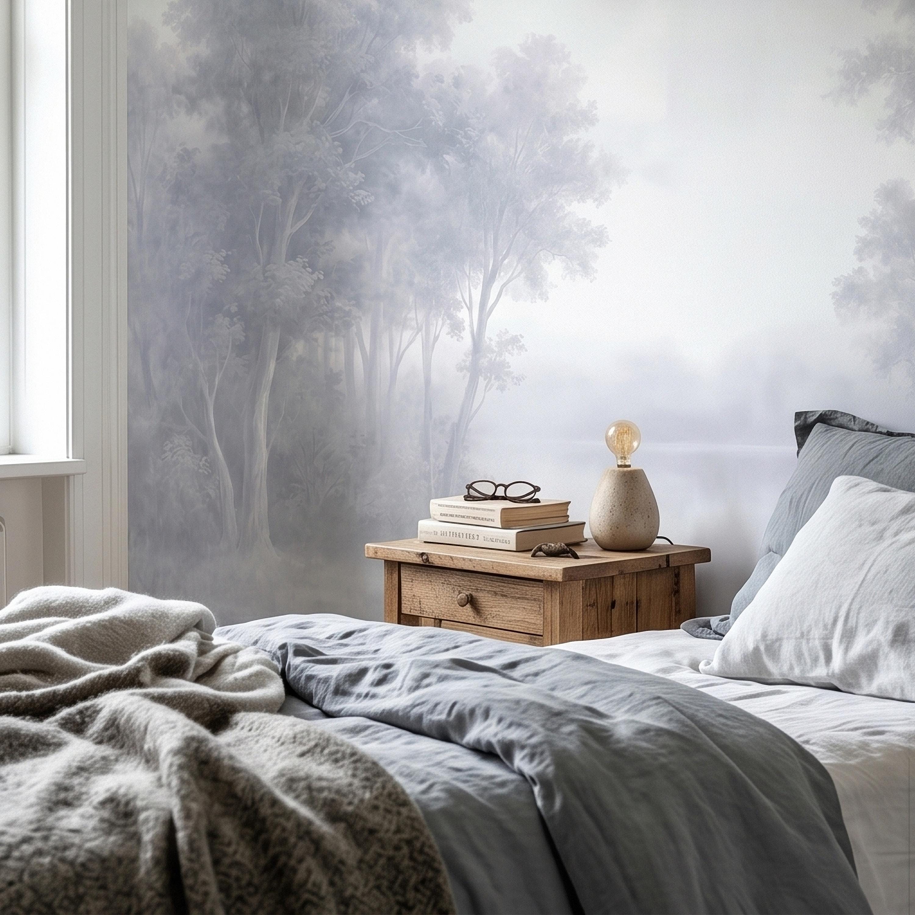 Misty Forest Peel and Stick Wall Mural, Soft Gray Foggy Woodland Trees Minimal Scandinavian Neutral Landscape, Ethereal Monochrome Wallpaper