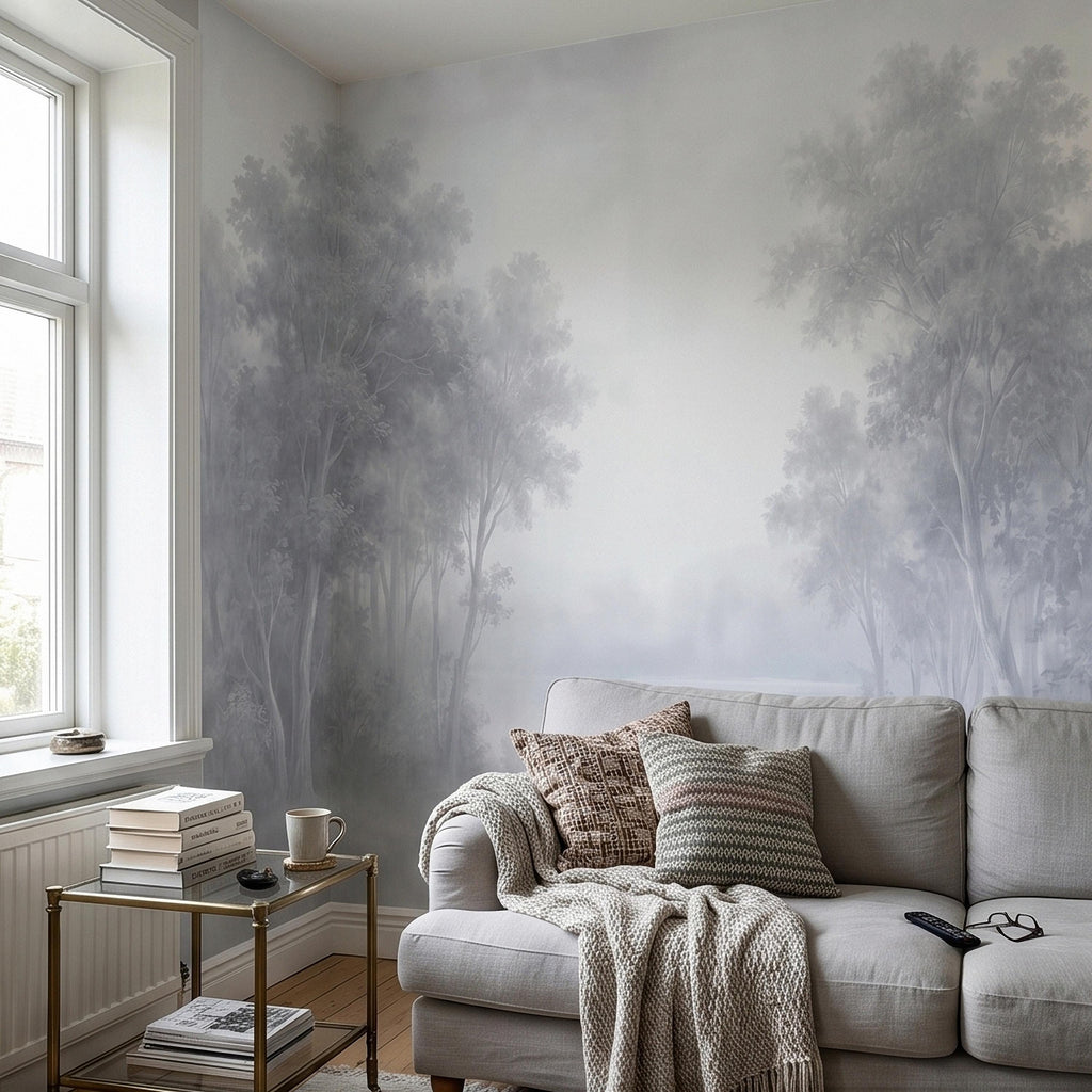 Misty Forest Peel and Stick Wall Mural, Soft Gray Foggy Woodland Trees Minimal Scandinavian Neutral Landscape, Ethereal Monochrome Wallpaper